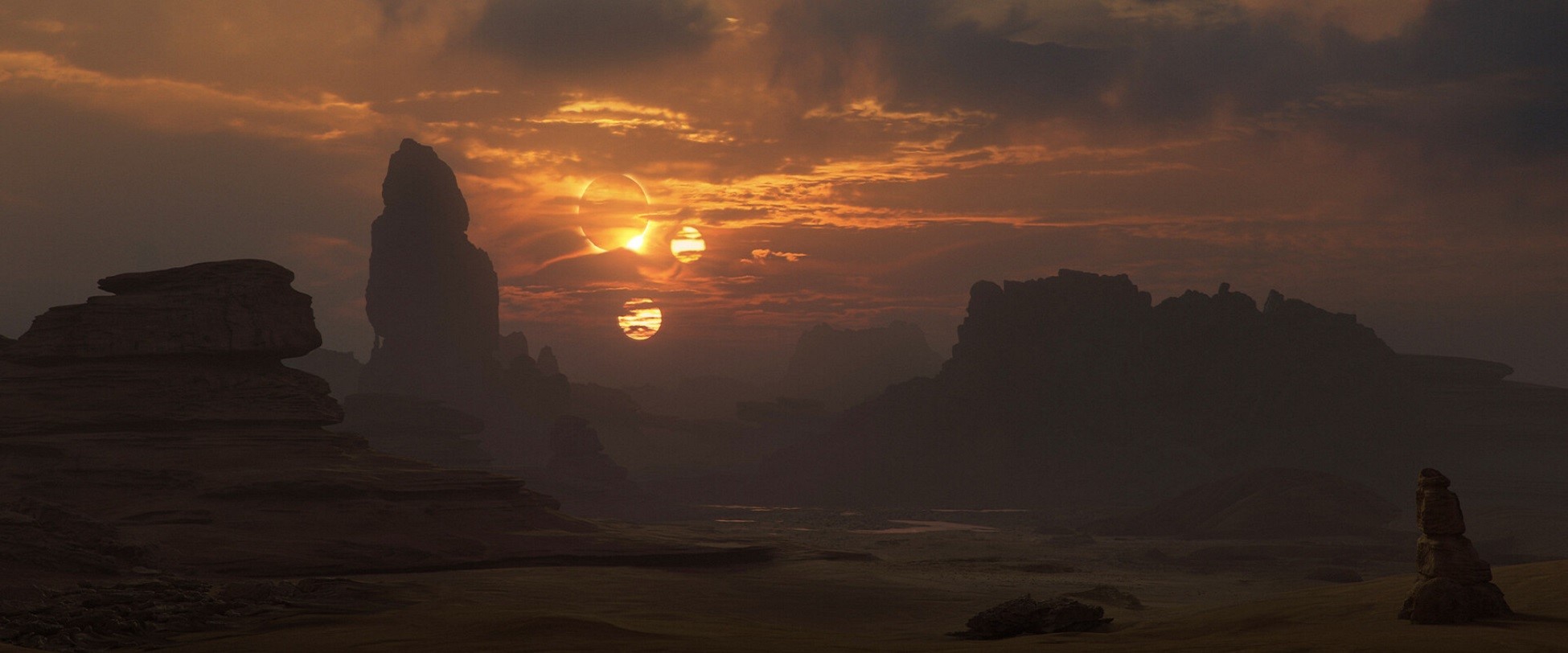 suns, landscape, rocks, clouds, space clouds, HD Wallpaper