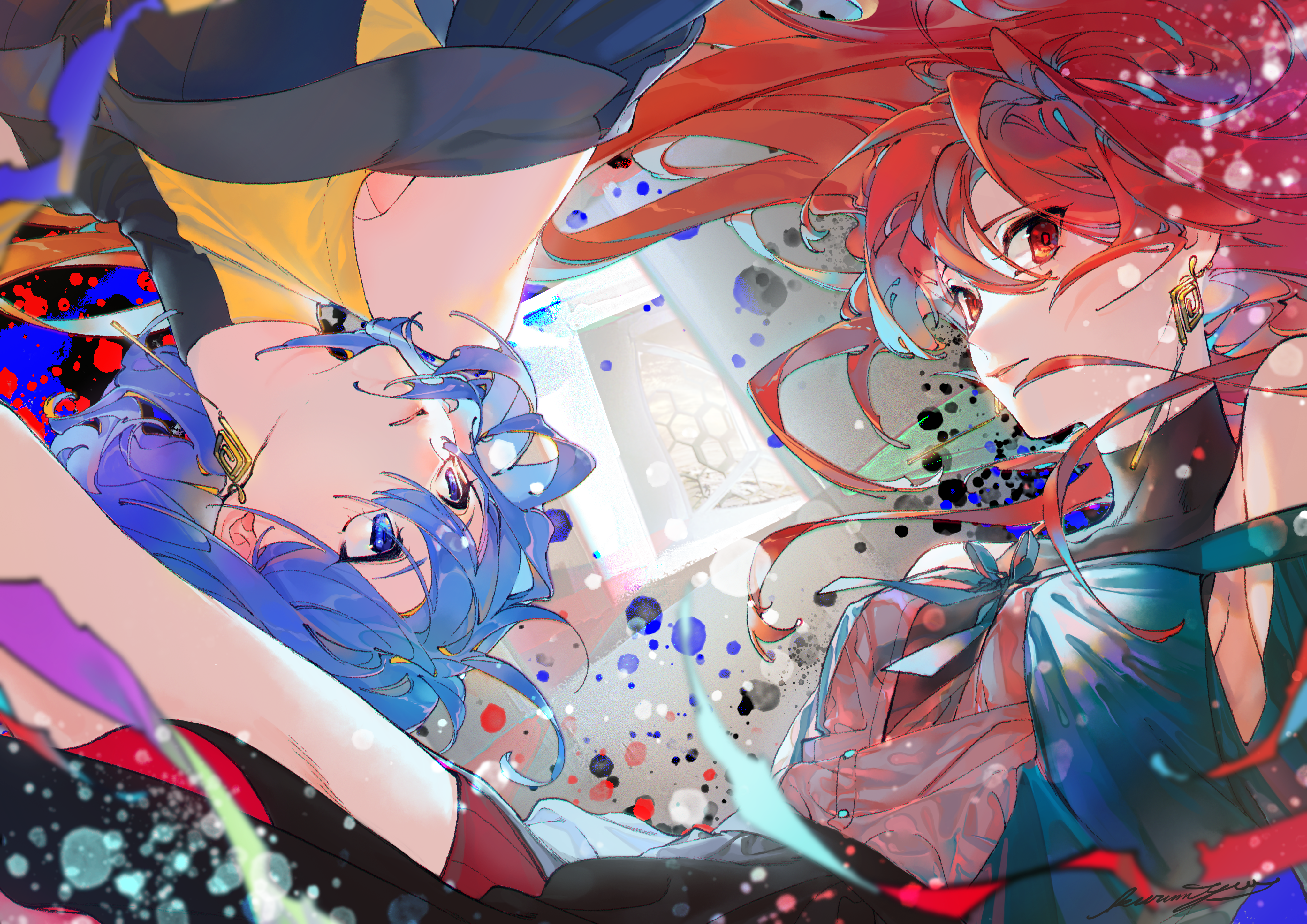 anime, anime girls, blue hair, red eyes, blue eyes, colorful, HD Wallpaper