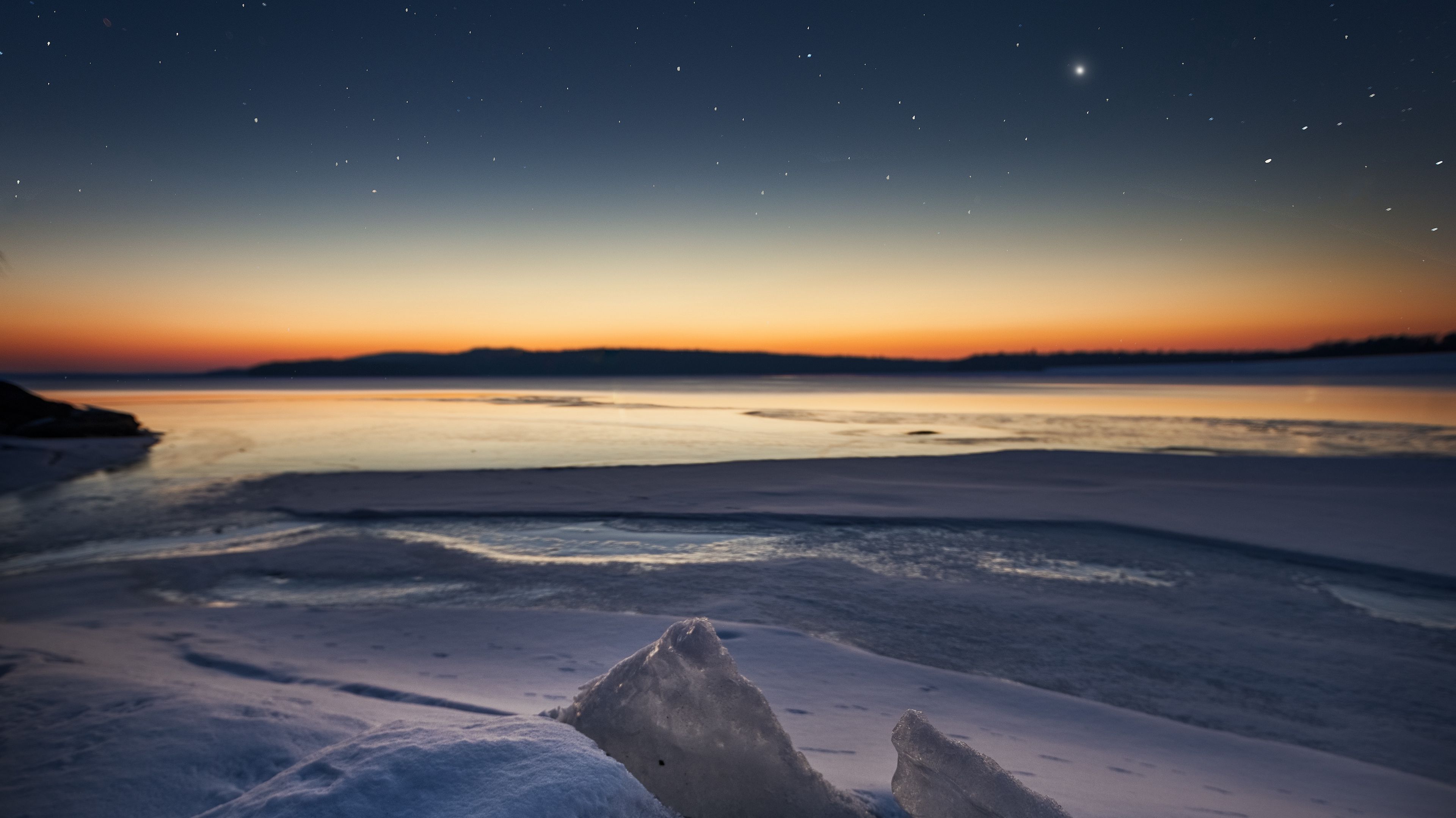 ice, floe, sunset, sky, starry sky, 4k, HD Wallpaper