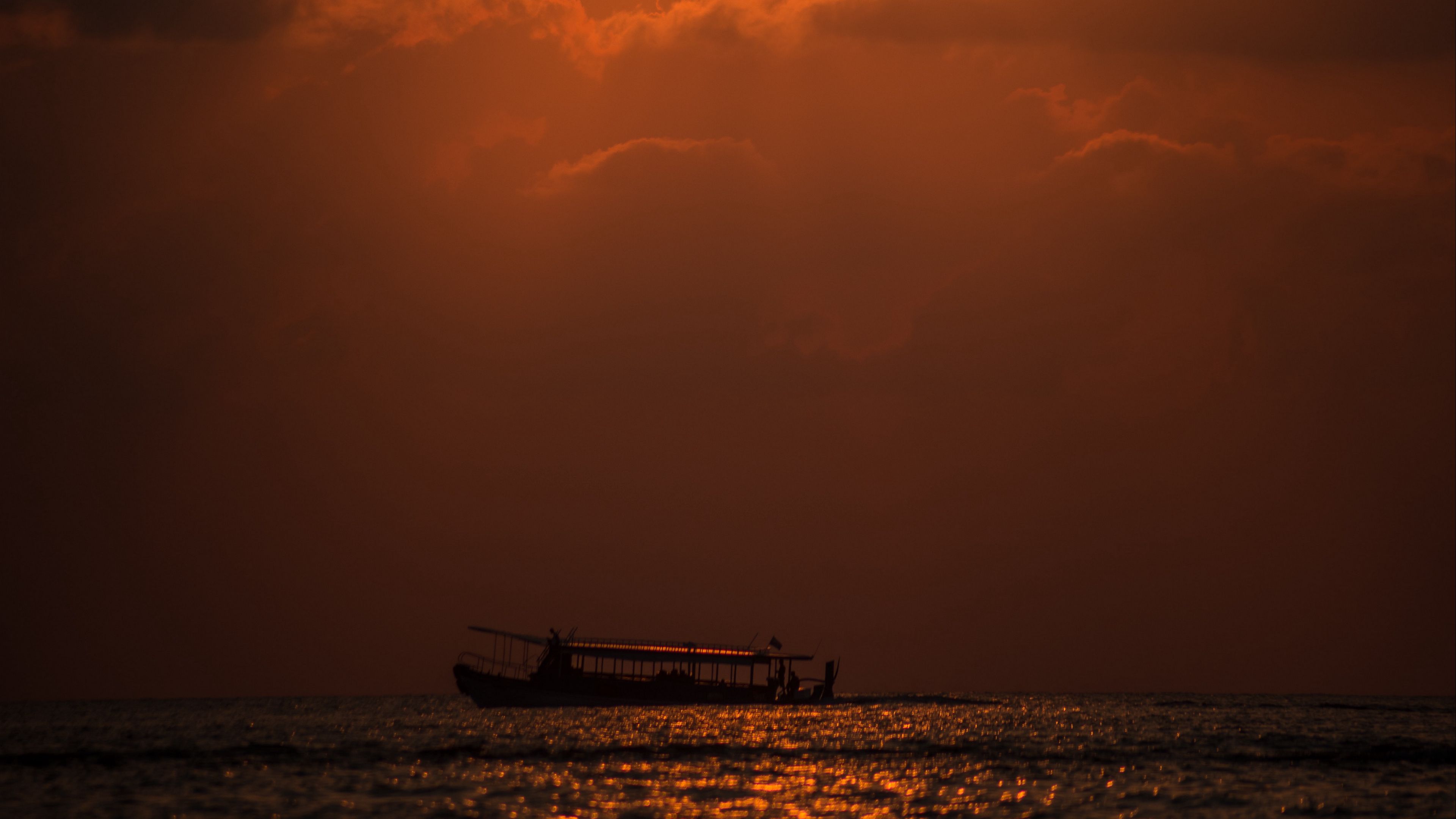 sea, horizon, ship, sunset, sun, clouds, 4k, HD Wallpaper