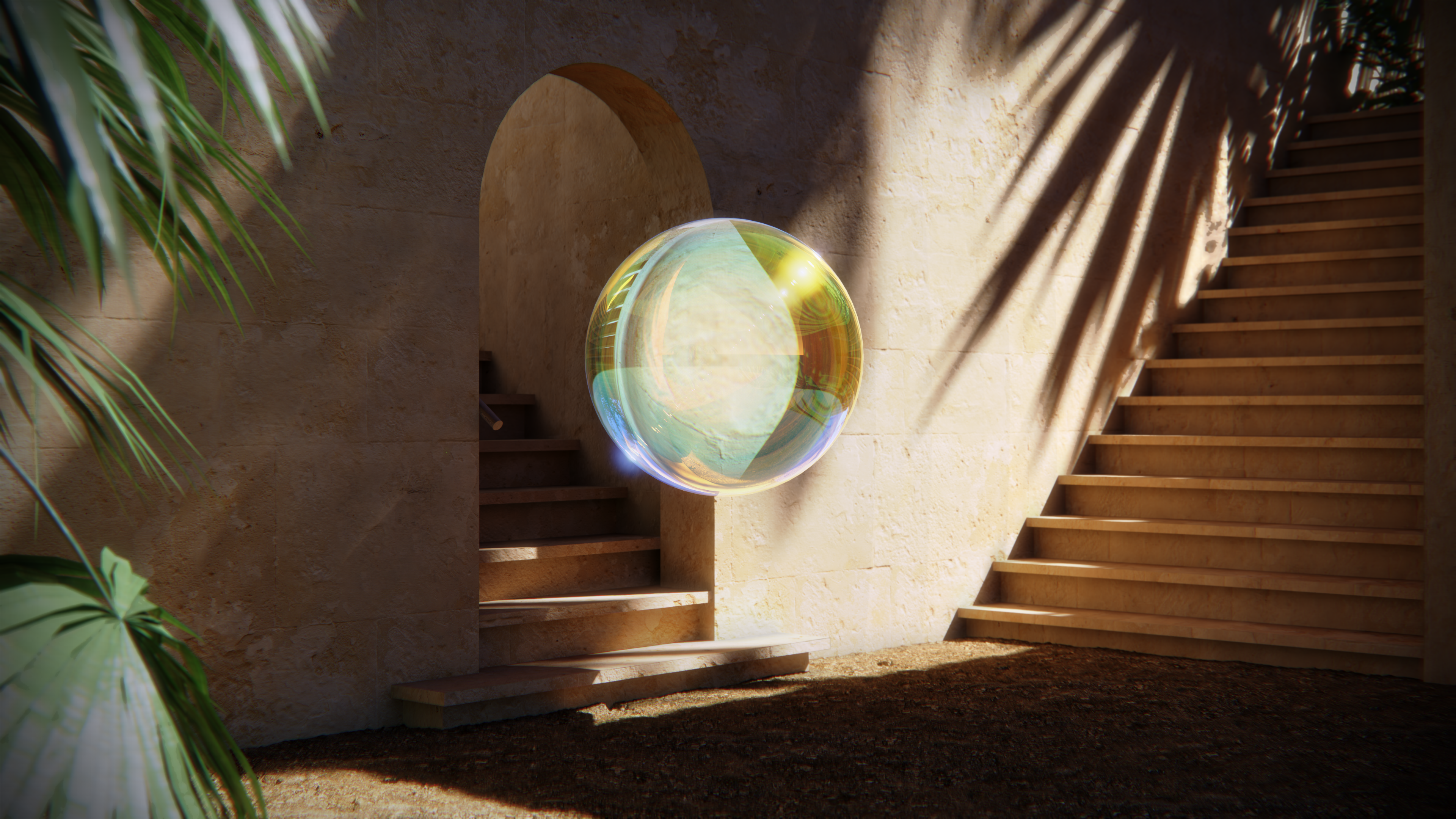 CGI, digital art, 3D graphics, artwork, daylight, stairs, palm trees, sandstone, dirt, crystal, ball, shadow, HD Wallpaper