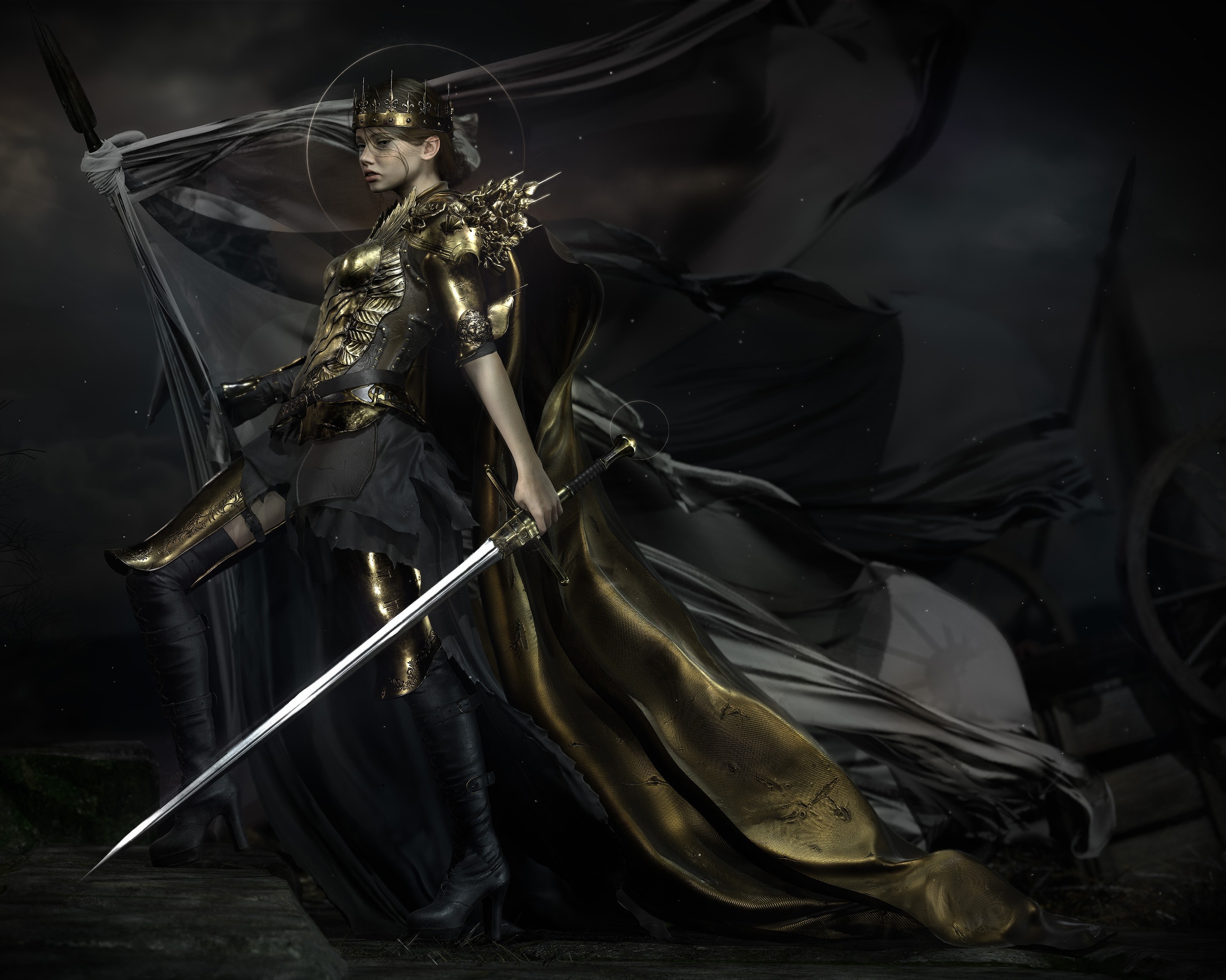 Andrea Savchenko, fantasy art, fantasy girl, Armored, crown, sword, HD Wallpaper