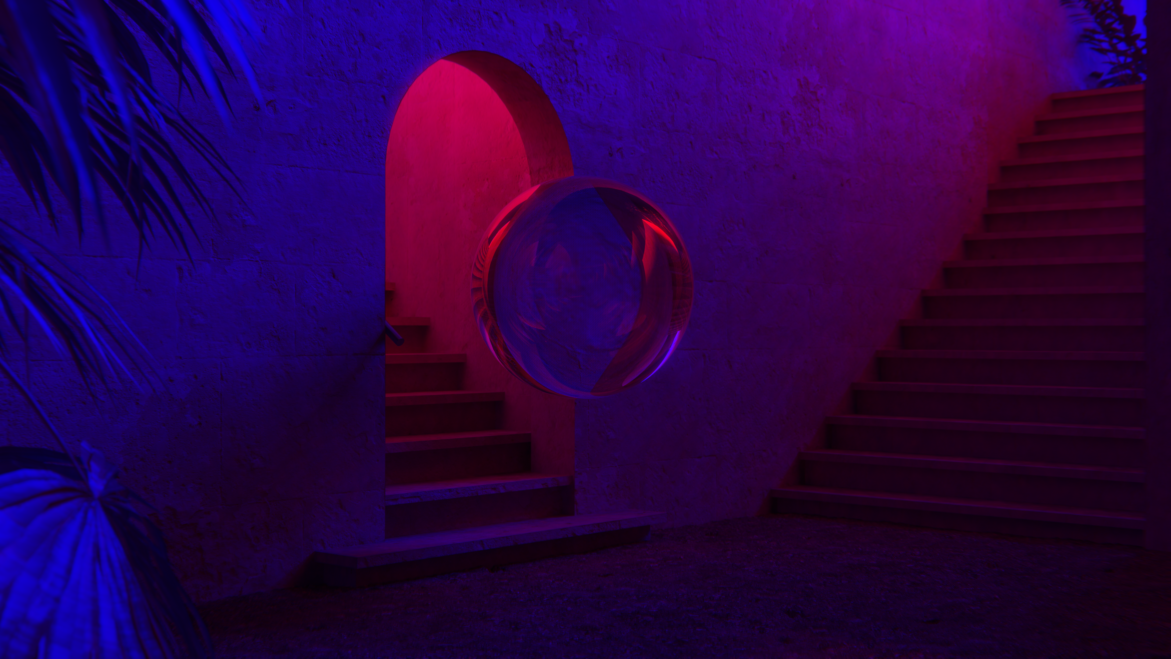 CGI, digital art, 3D graphics, artwork, neon, night, stairs, palm trees, sandstone, dirt, crystal, ball, HD Wallpaper