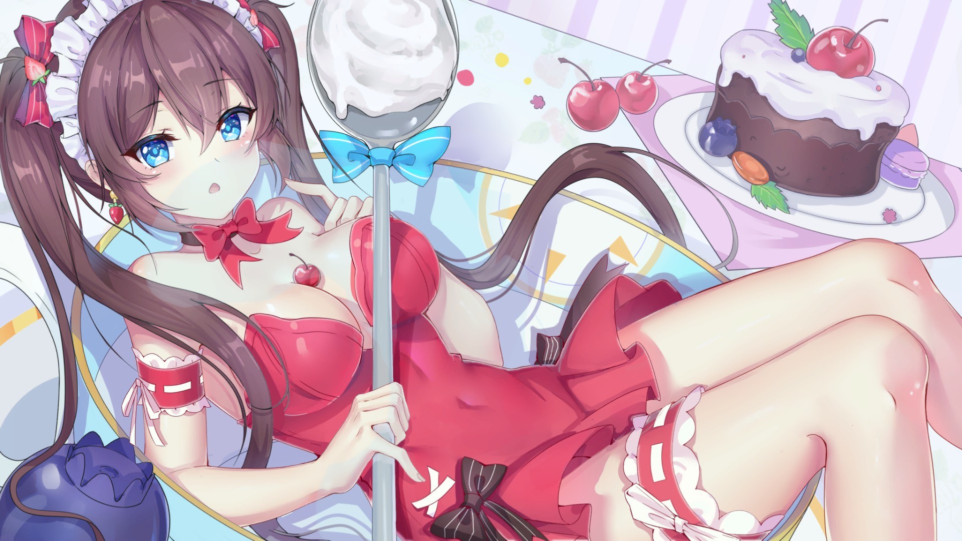 anime, anime girls, boobs, blue eyes, fruit, food, sweets, long hair, cherries, HD Wallpaper