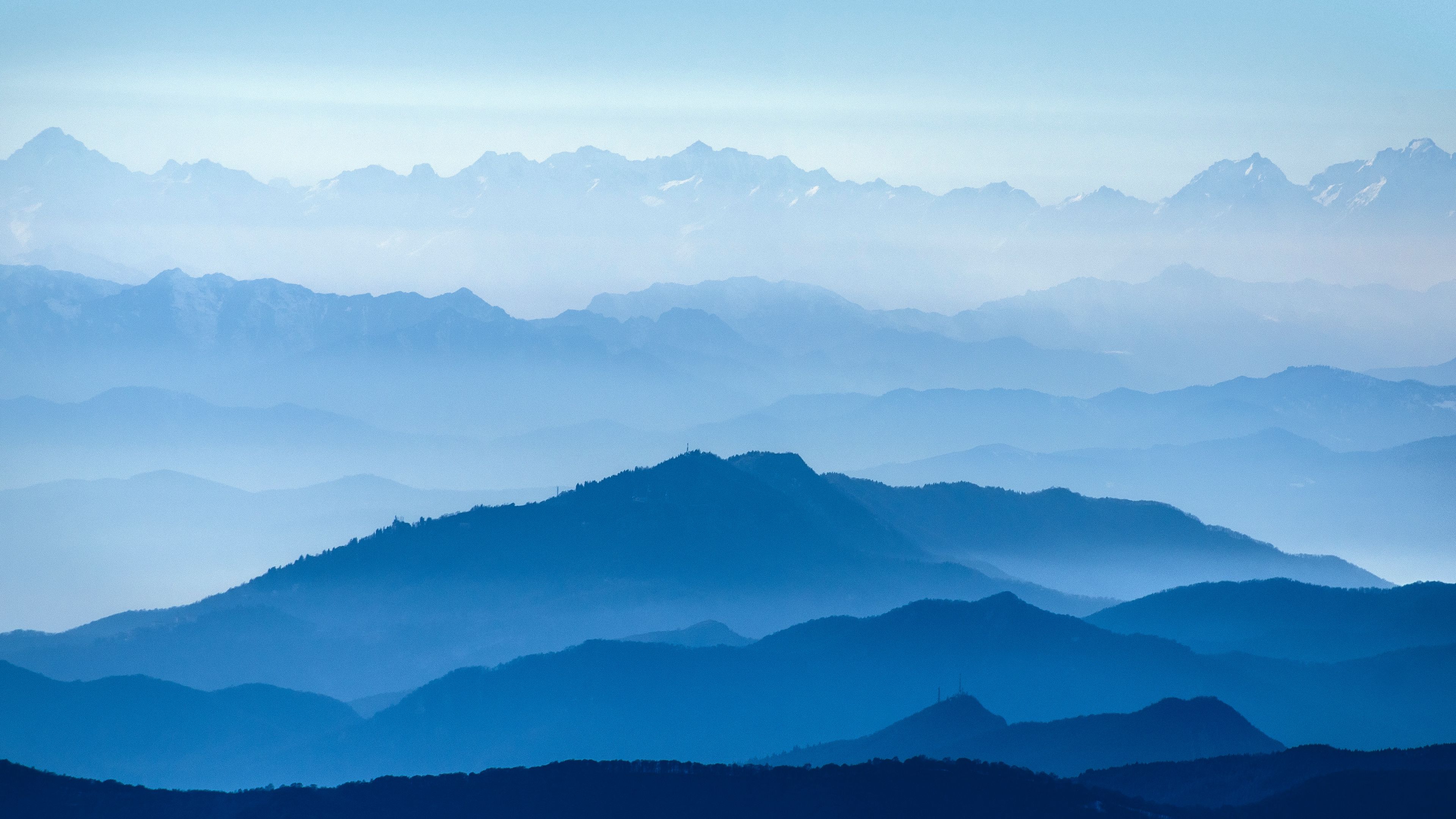 mountains, fog, sky, blue, white, 4k, HD Wallpaper