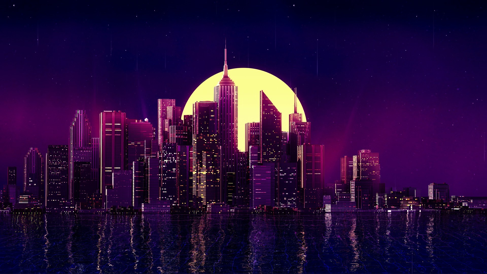 neon, city, purple background, HD Wallpaper