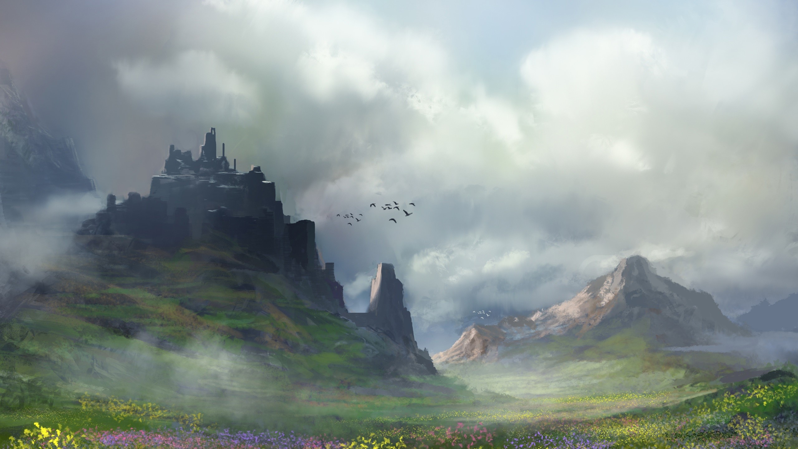 painting, nature, rocks, clouds, birds, grass, flowers, daylight, landscape, mountains, HD Wallpaper
