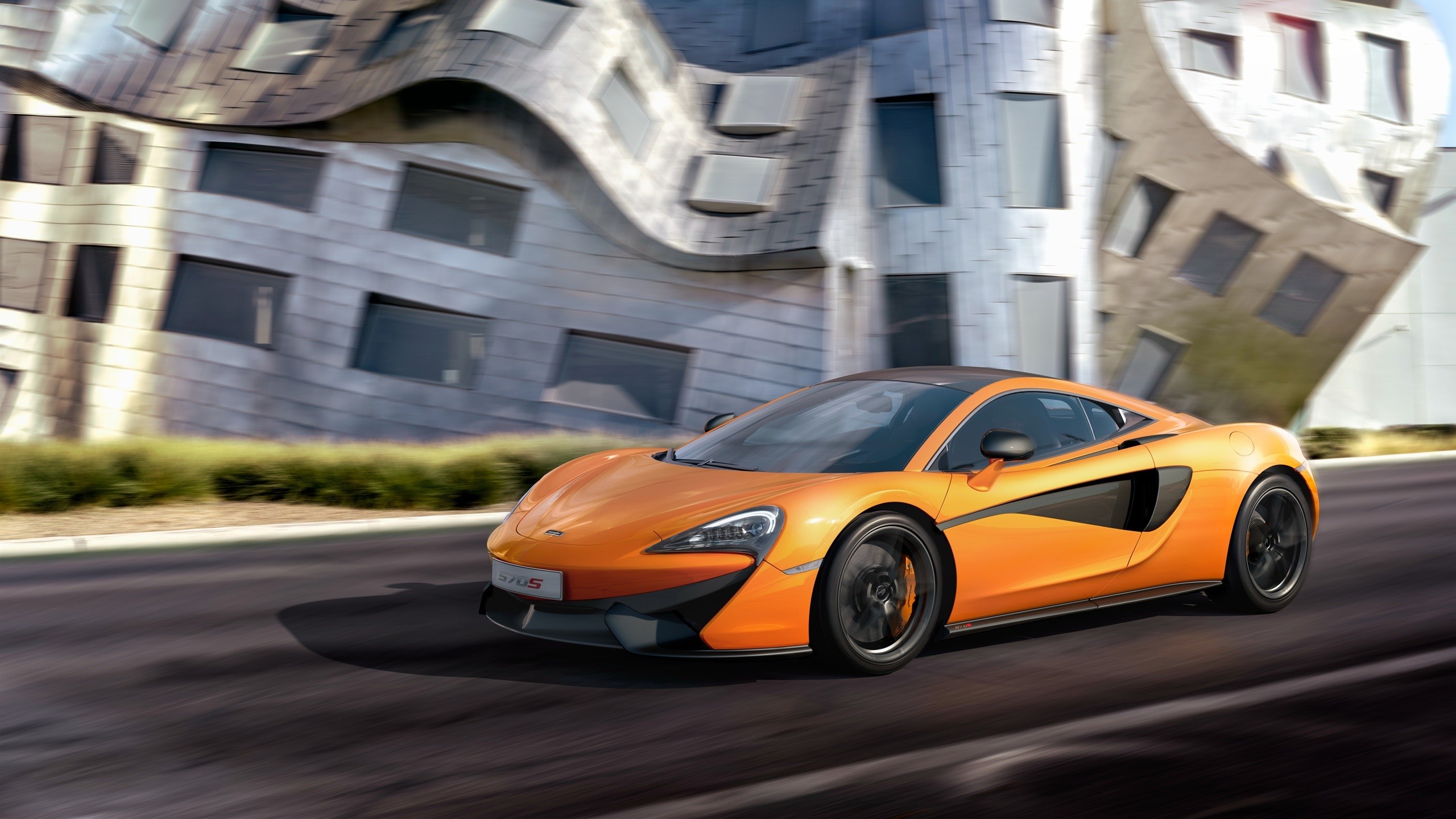 modern, building, asphalt, road, driving, McLaren, orange cars, supercars, daylight, McLaren 570S, HD Wallpaper