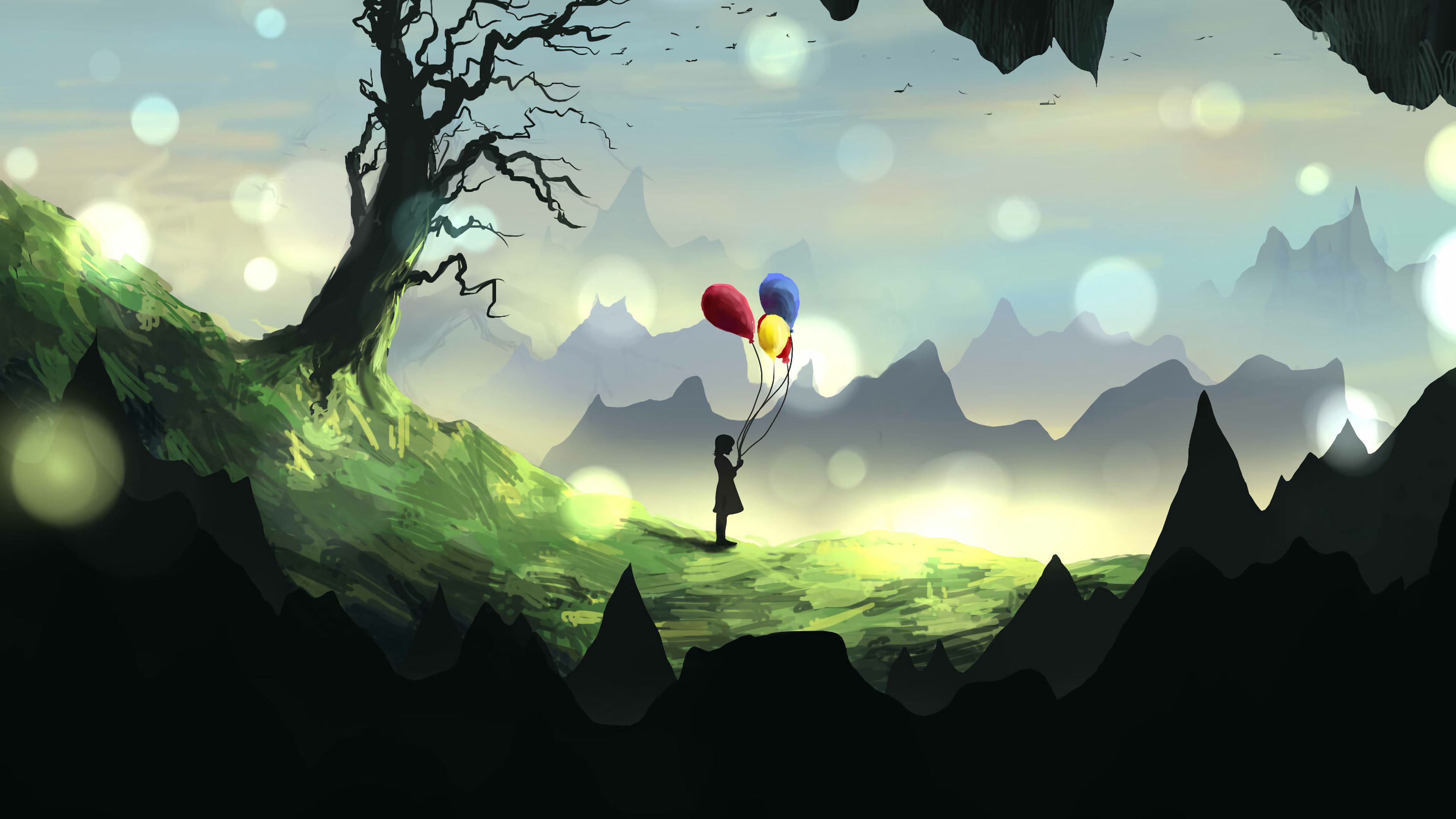 girl, silhouette, balloons, 4k, HD Wallpaper