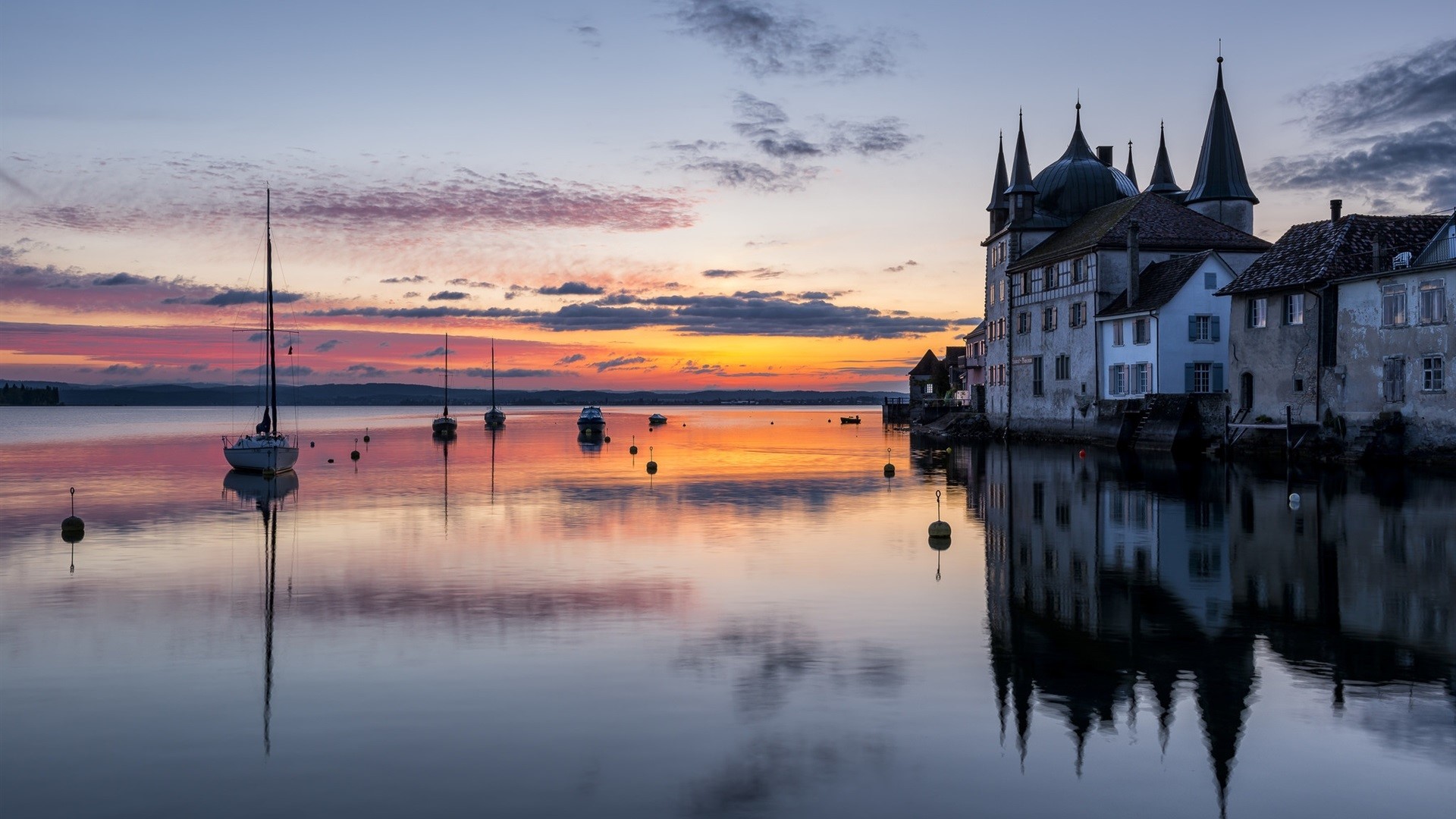 Switzerland, castle, building, lake, water, reflection, sunset, evening, sky, clouds, boat, hills, nature, landscape, HD Wallpaper
