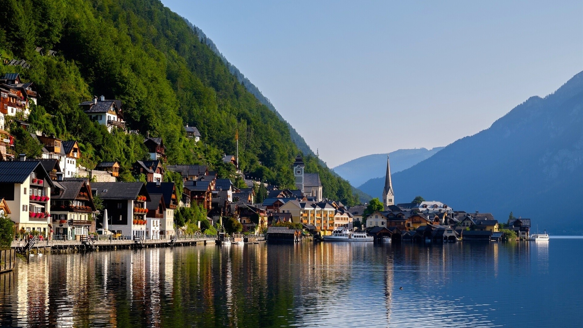 Hallstatt, Alps, clear sky, city, house, building, forest, mountains, trees, hills, daylight, sunlight, lake, water, nature, landscape, photography, HD Wallpaper