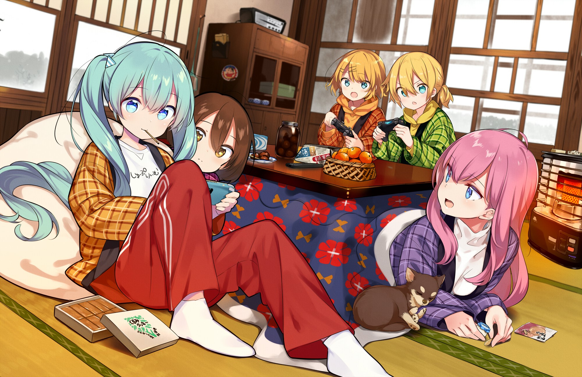 anime, anime girls, indoors, pink hair, turquise hair, HD Wallpaper