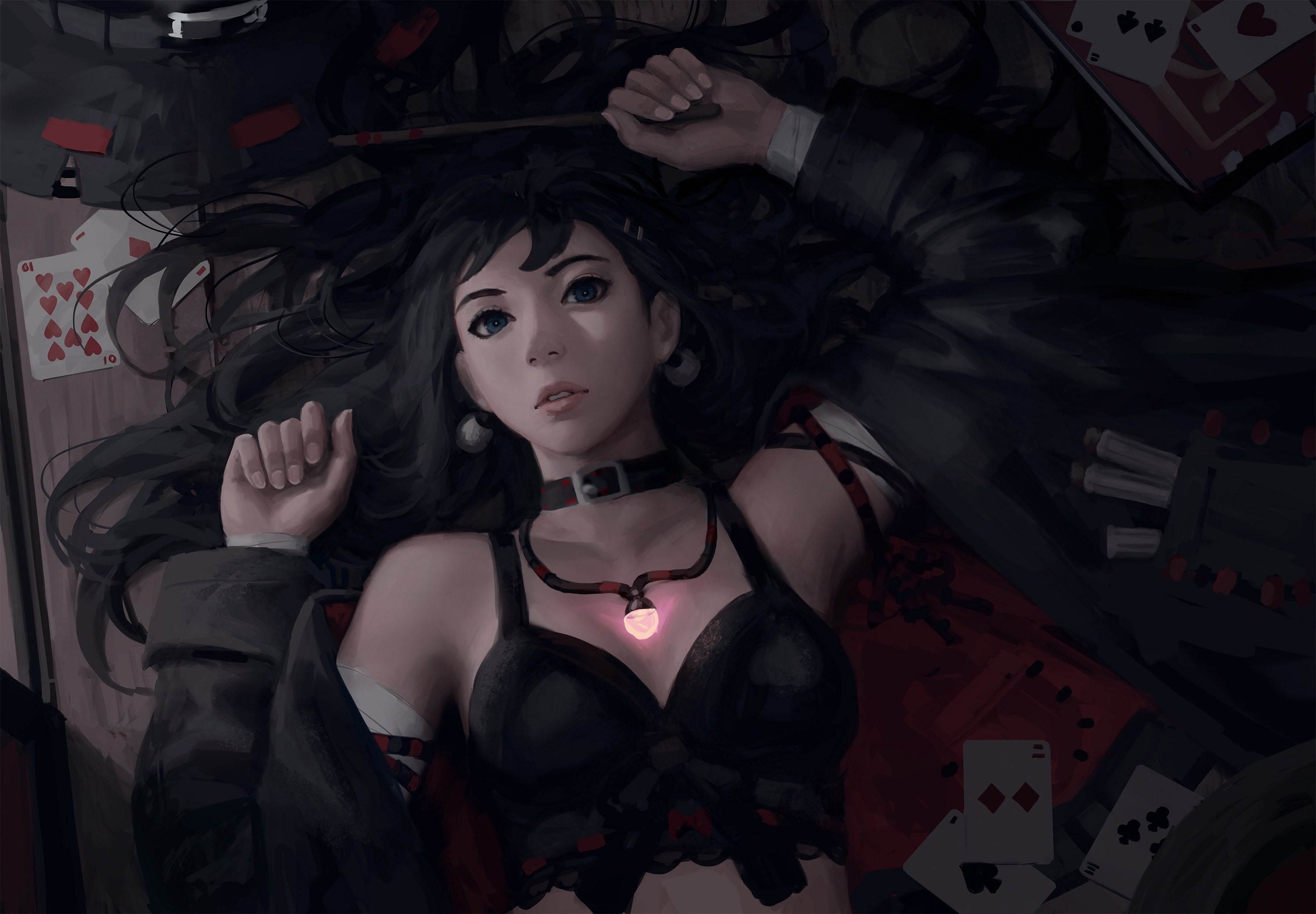 women, original characters, black hair, looking at viewer, long hair, top view, lying on back, choker, necklace, glowing, magic, cards, wands, artwork, drawing, digital art, illustration, GUWEIZ, earring, frontal view, black tops, Z.W. Gu, HD Wallpaper