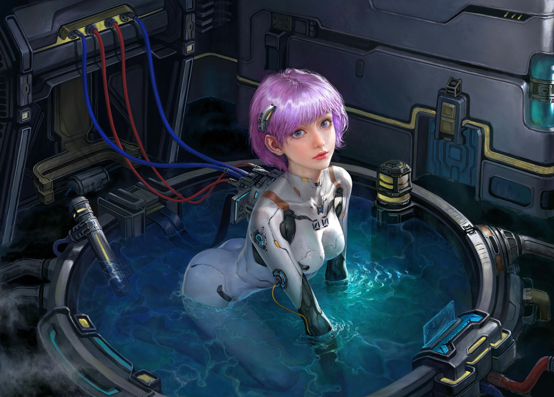 ArtStation, cyborg, futuristic, artwork, Neon Genesis Evangelion, Ayanami Rei, high angle, HD Wallpaper