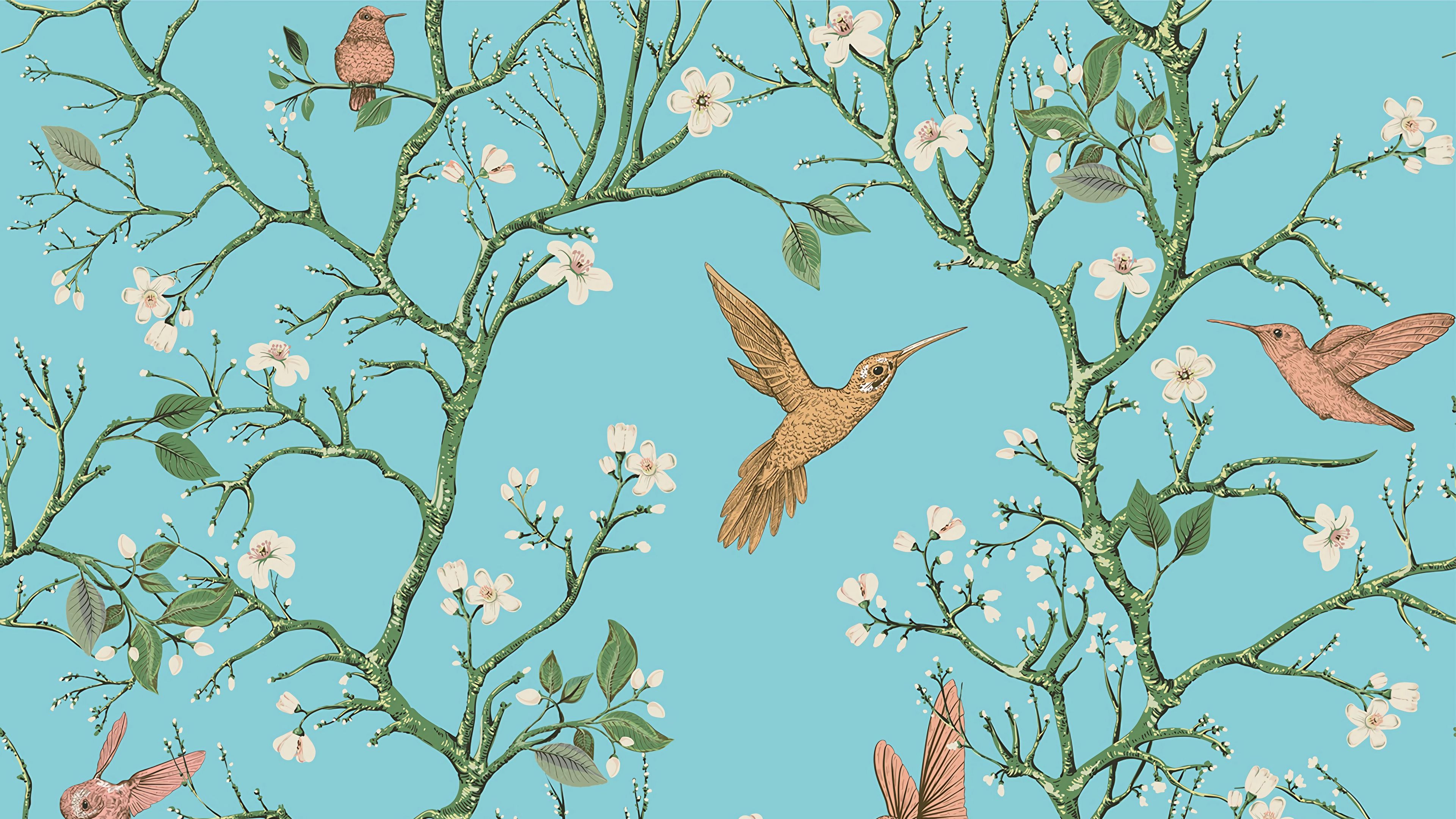 birds, branches, flowers, spring, pattern, 4k, HD Wallpaper