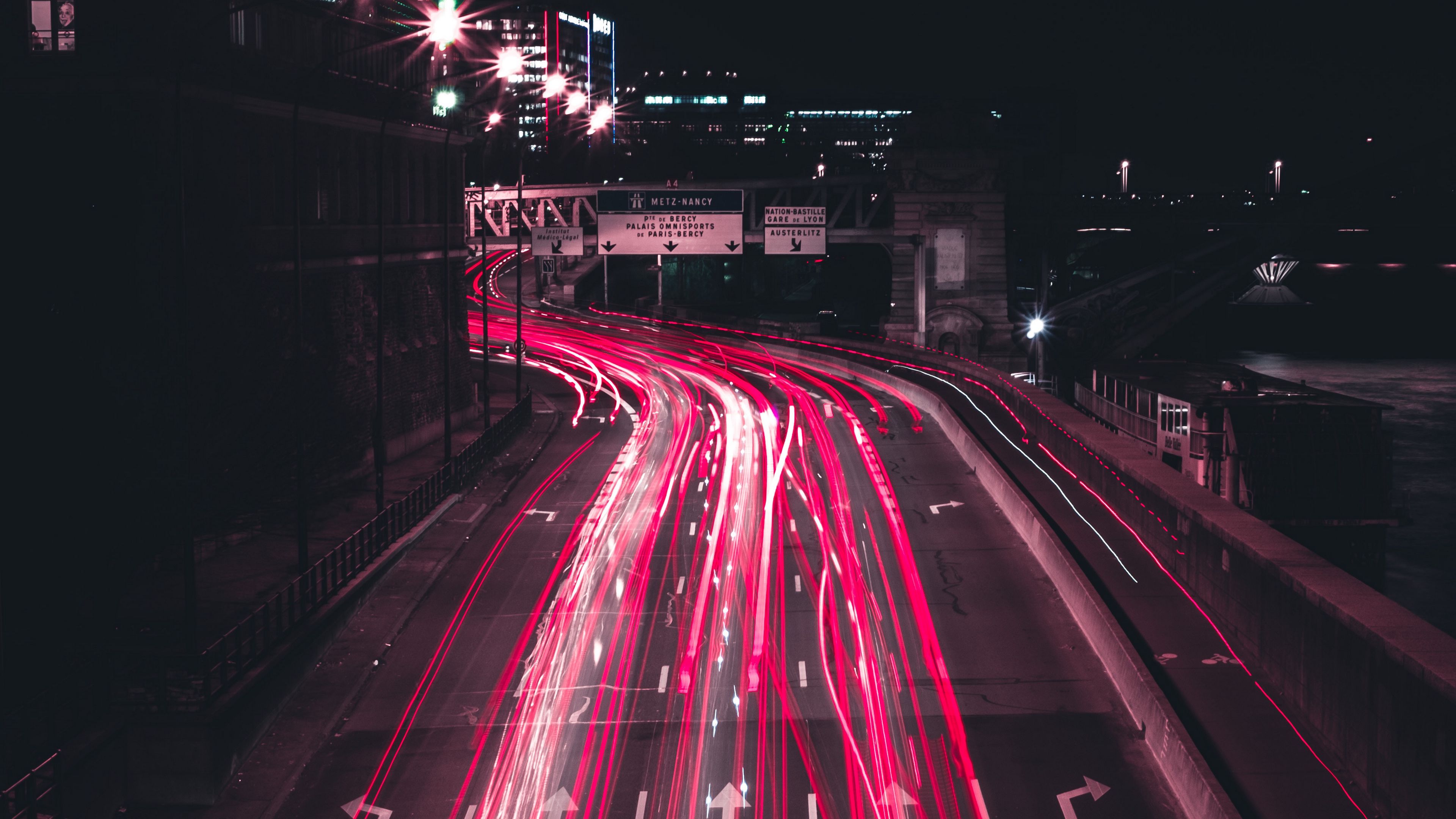 night city, long exposure, road, direction, movement, 4k, HD Wallpaper