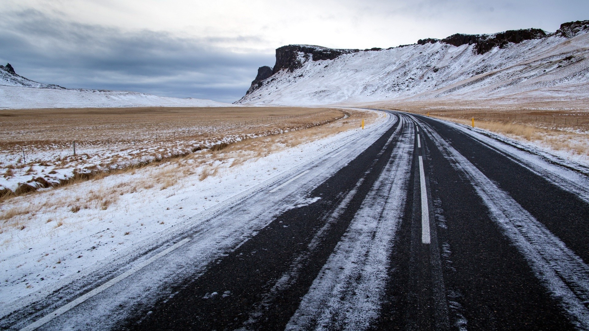 road, winter, mountains, clouds, field, nature, landscape, HD Wallpaper