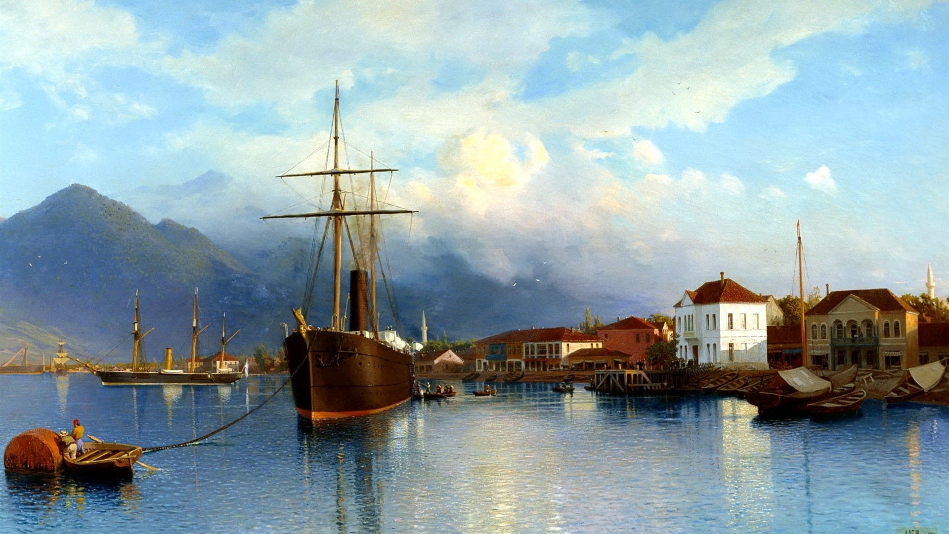 painting, ship, boat, sea, water, house, building, sky, clouds, mountains, city, HD Wallpaper