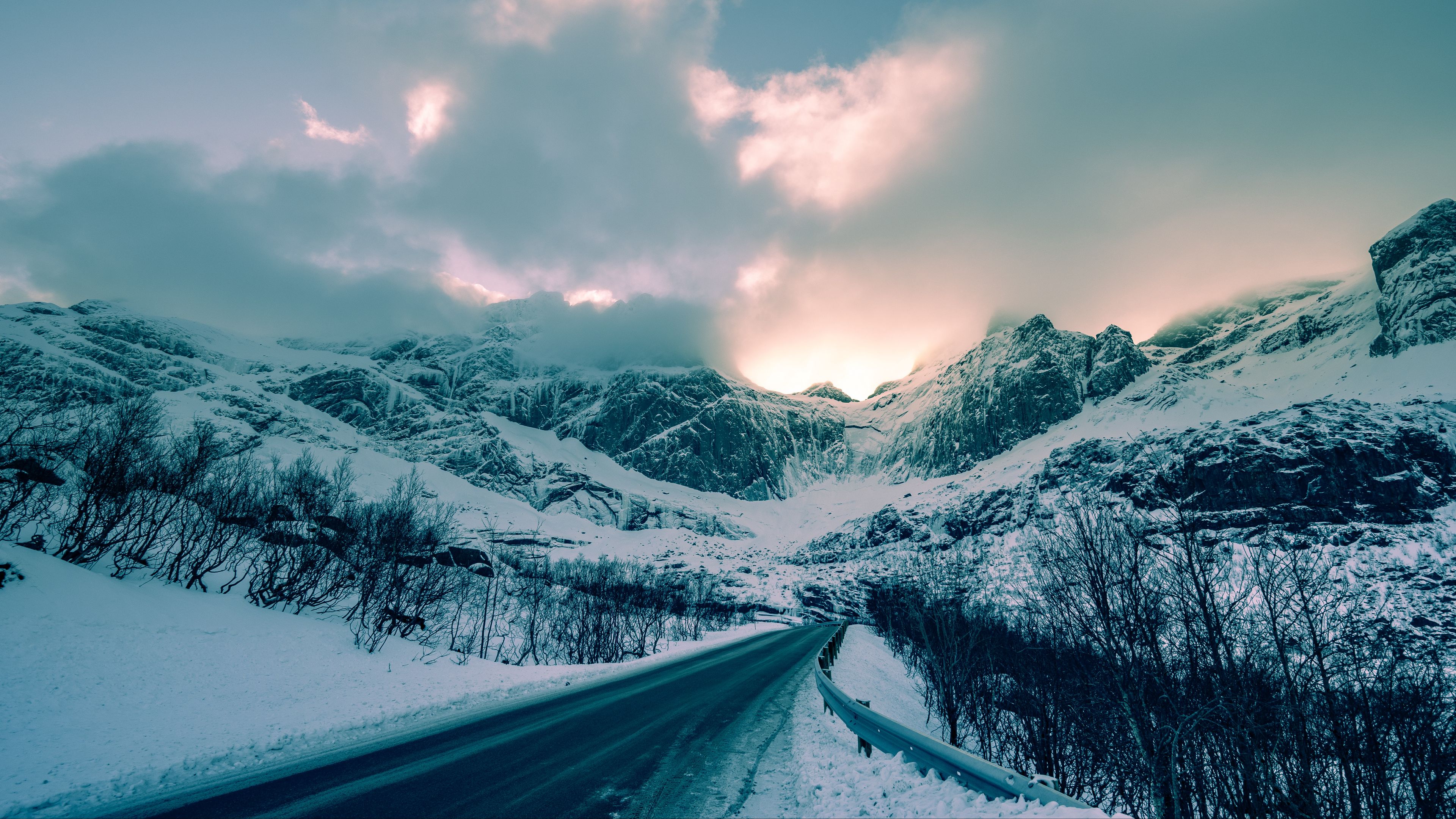mountains, winter, road, snow, clouds, norway, 4k, HD Wallpaper