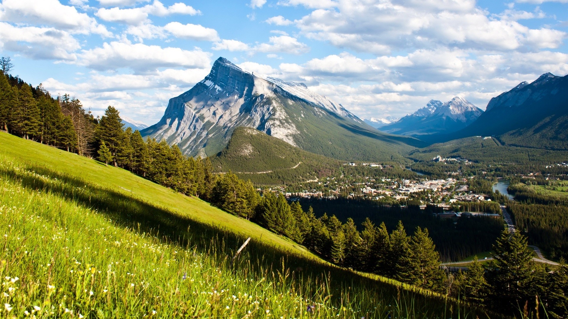 mountains, grass, forest, village, clouds, nature, landscape, HD Wallpaper