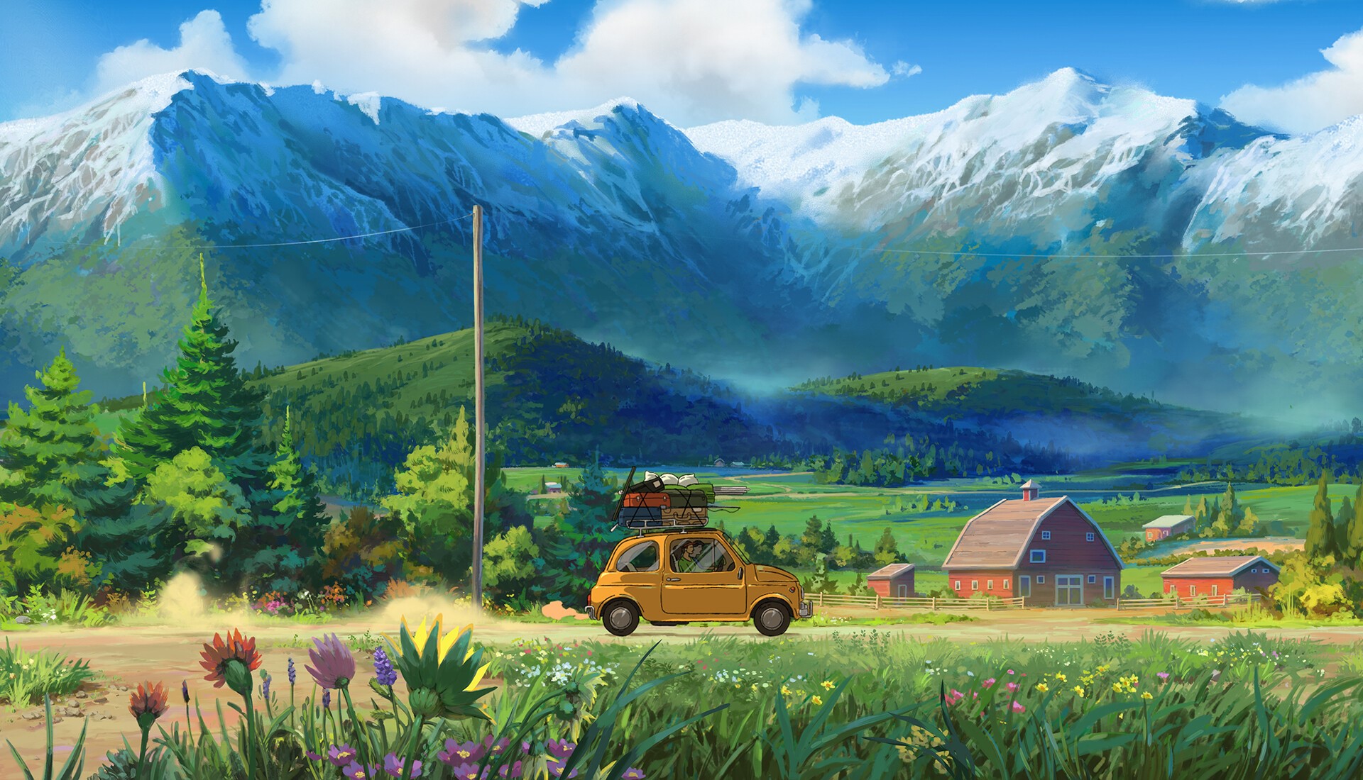 mountains, landscape, Oregon, Farm House, barn, artwork, car, vehicle, nature, fiat 500, HD Wallpaper