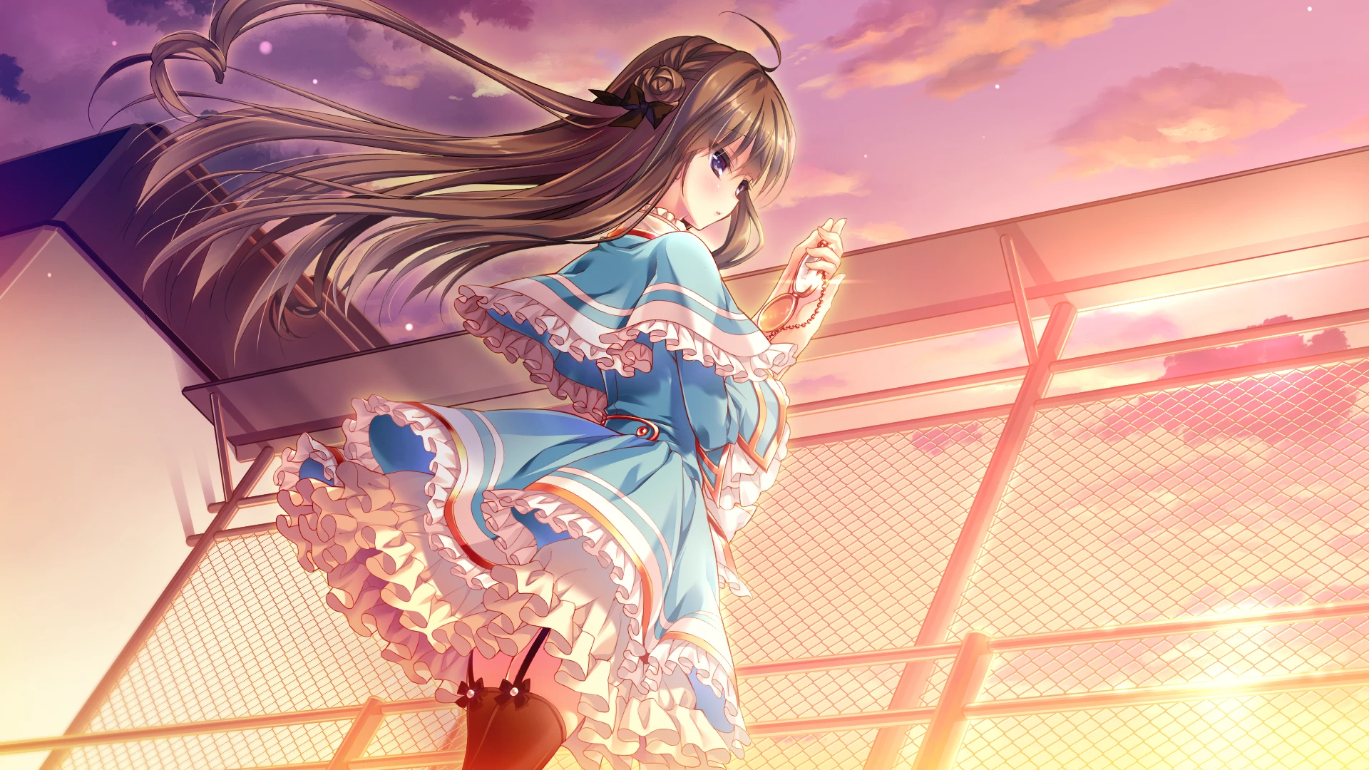 long hair, blush, clouds, brunette, purple eyes, dress, stockings, sunset, bow, anime girls, anime, low-angle, HD Wallpaper