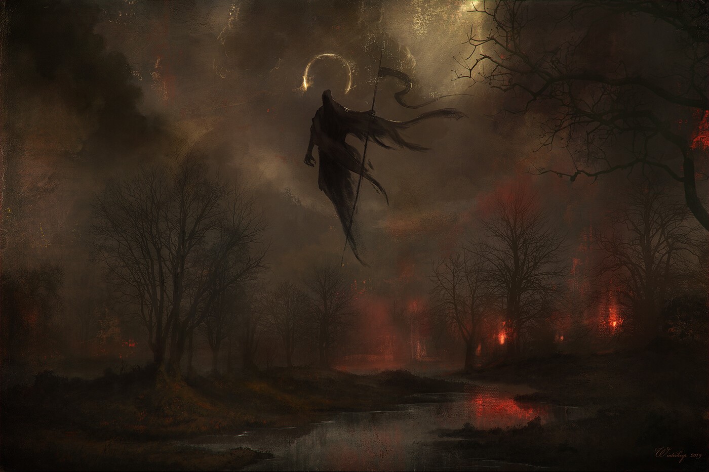 dark, digital, creature, death, forest, river, fire, HD Wallpaper