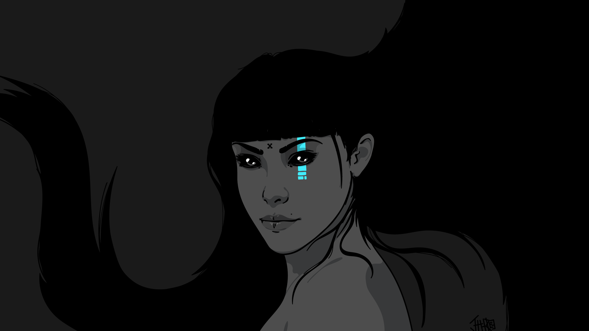 digital, digital art, tattoo, purple background, cyberpunk, women, black background, Jared Nickerson, j3concepts, HD Wallpaper