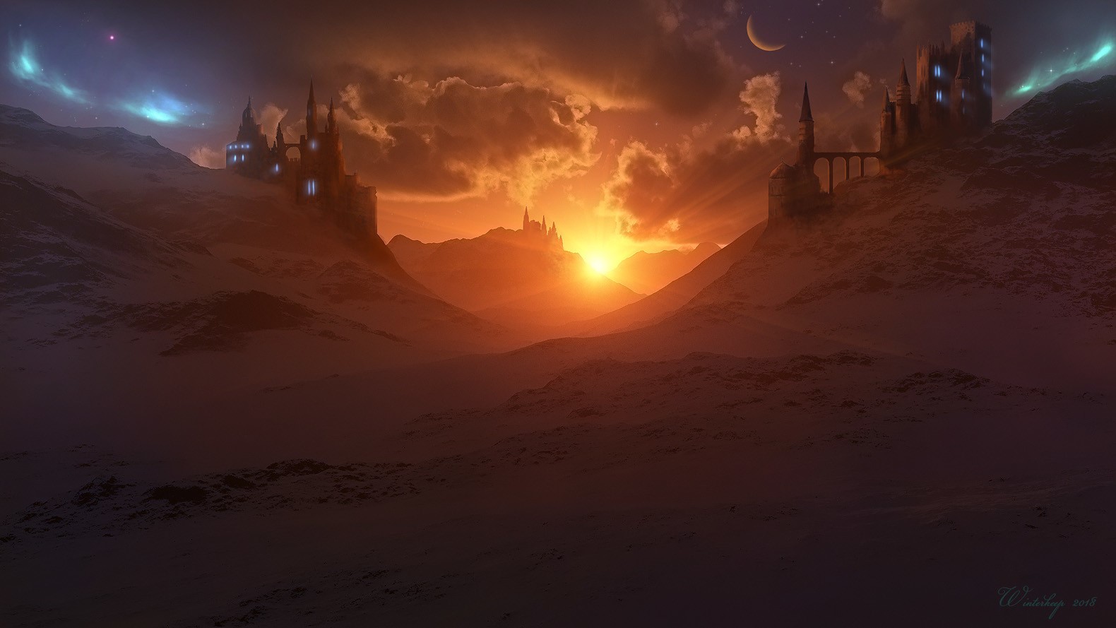 castle, digital, sunset, Moon, stars, sky, HD Wallpaper