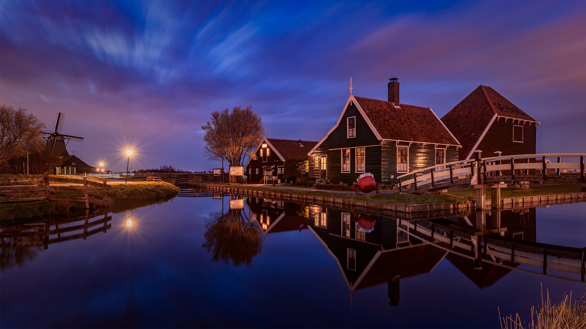 nature, landscape, house, lights, trees, reflection, night, sky, HD Wallpaper