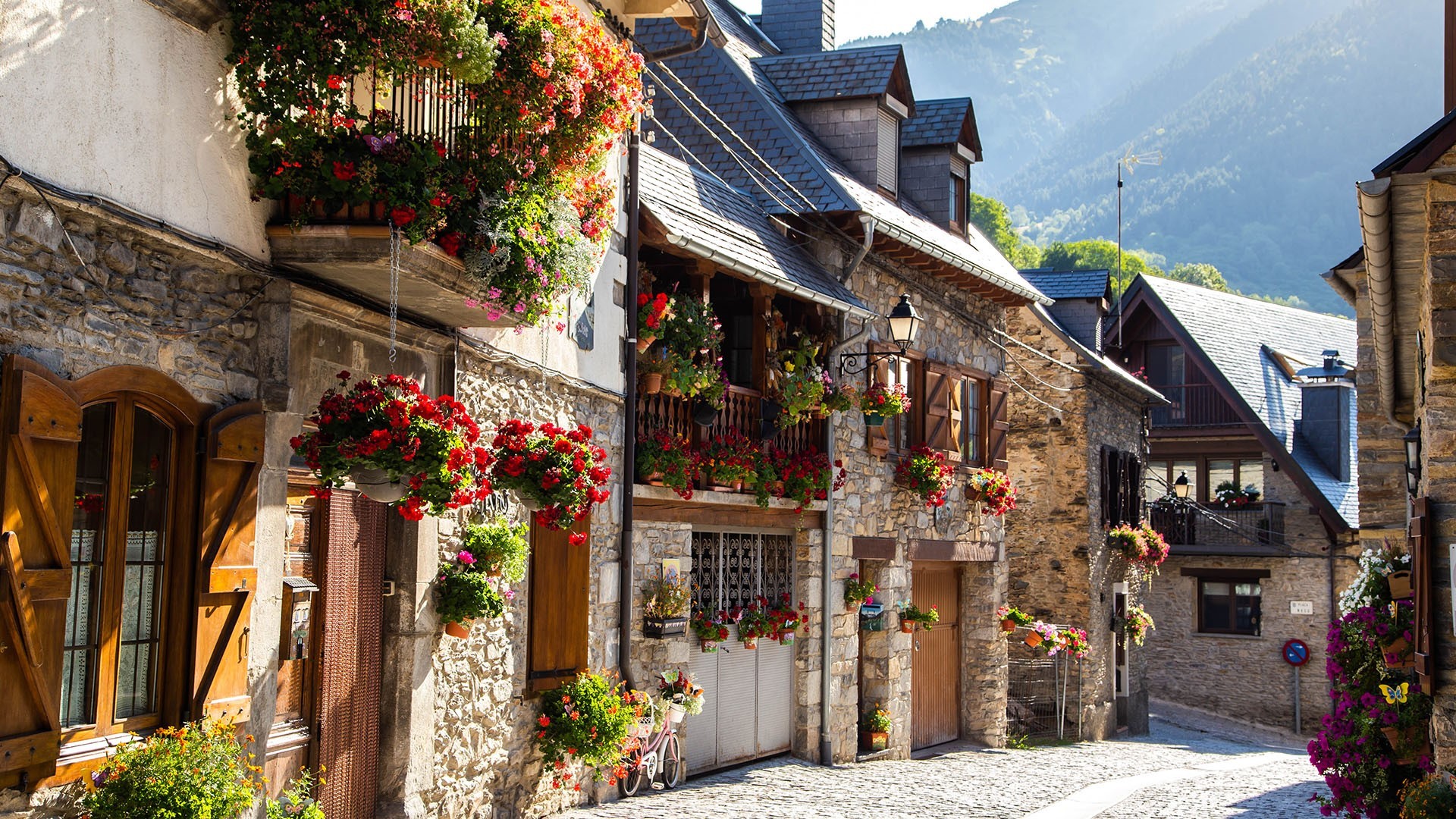 red flowers, window, door, house, town, mountains, street, summer, Catalonia, Spain, HD Wallpaper