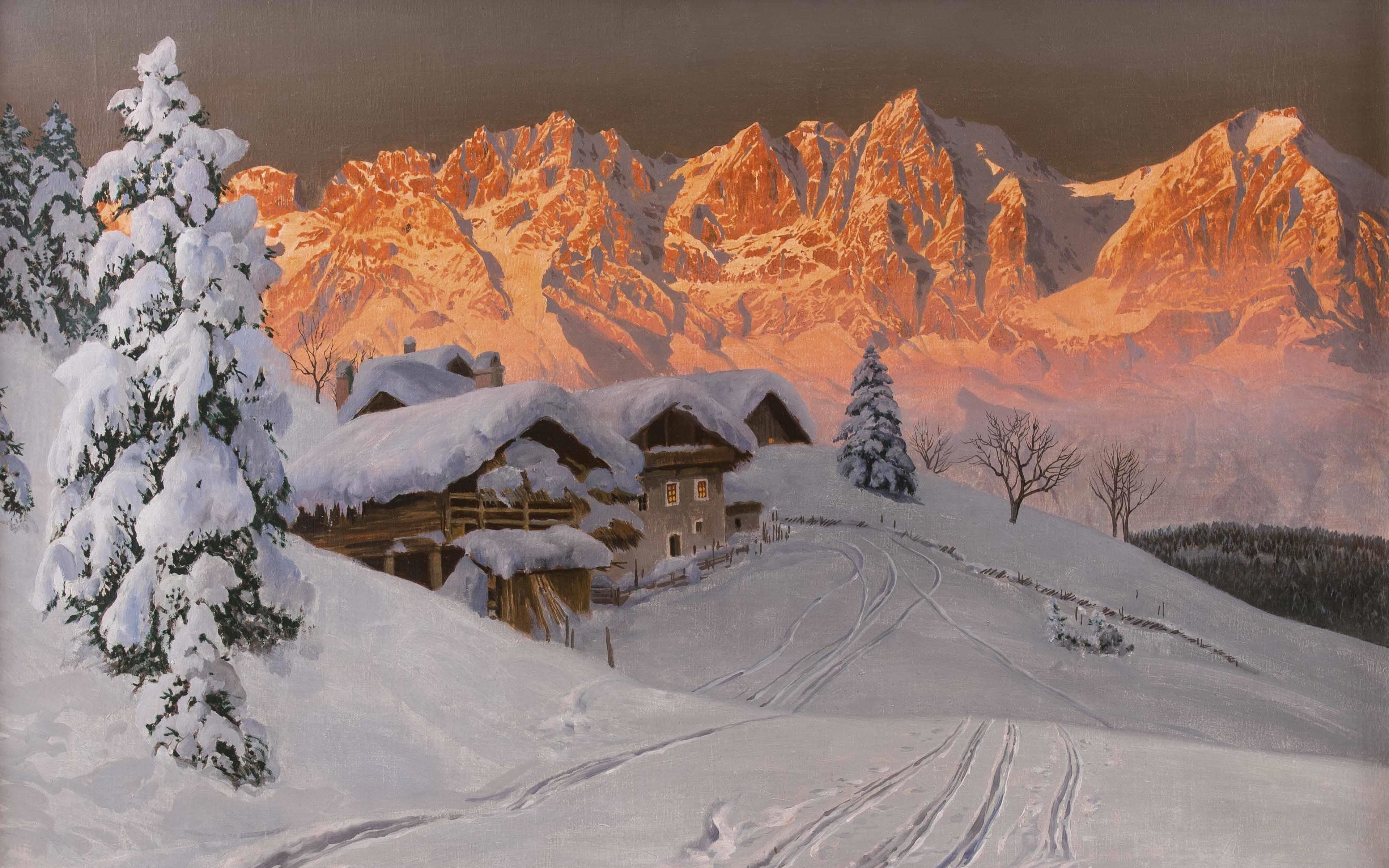 artwork, winter, snow, mountains, Alois Arnegger, painting, HD Wallpaper