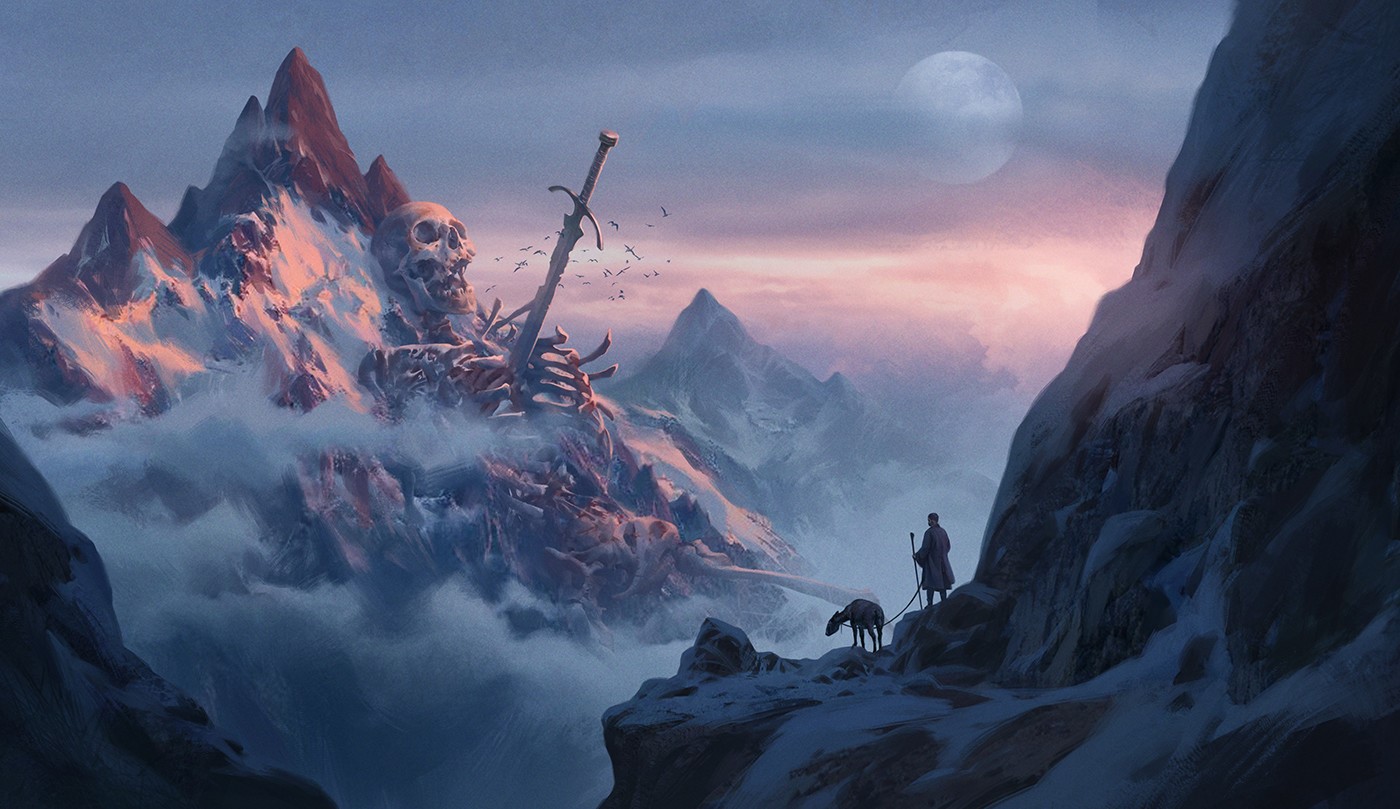 digital, fantasy art, artwork, giant, skull, sword, mountains, ArtStation, Jinho Bae, skeleton, HD Wallpaper