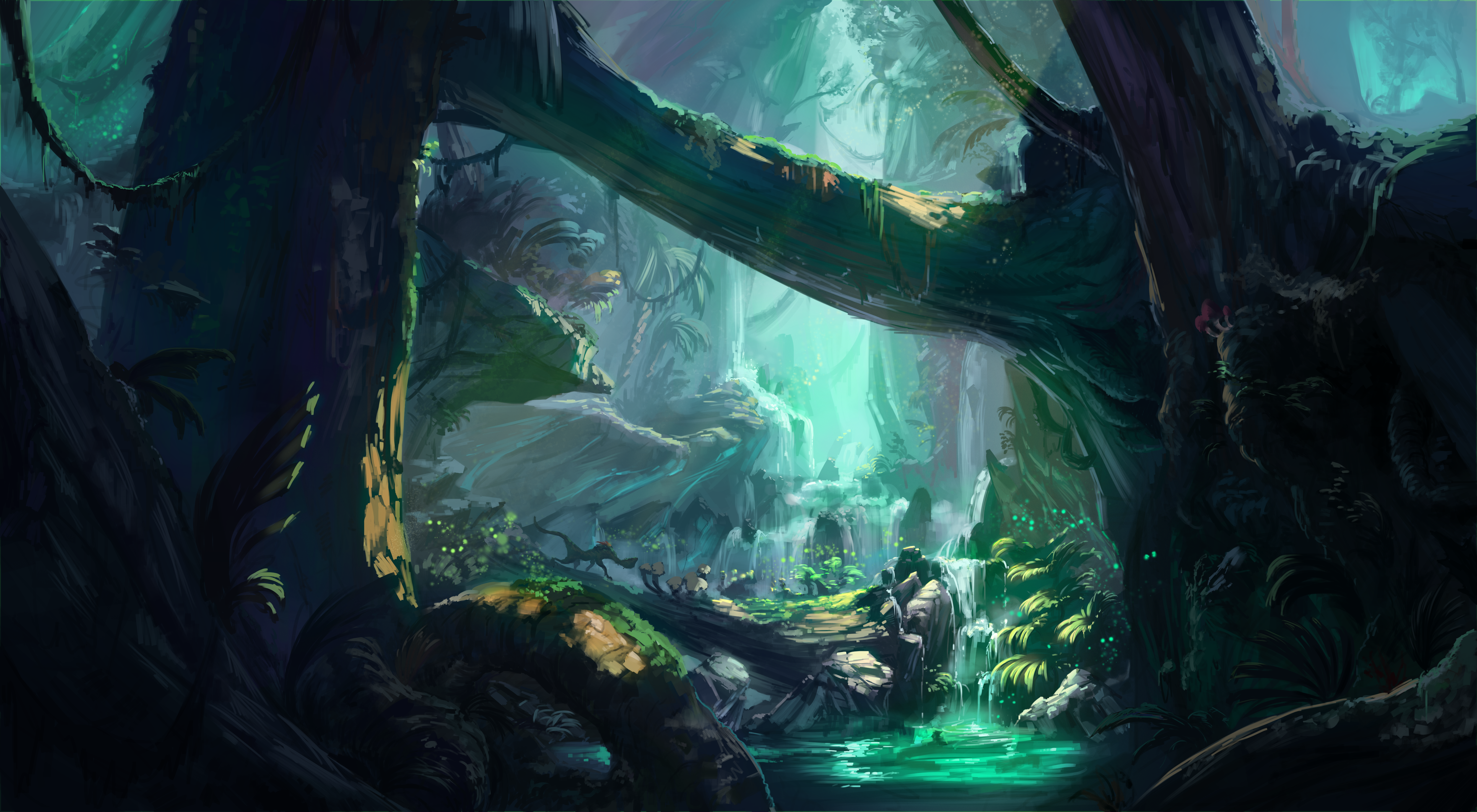ancient, fantasy art, trees, waterfall, river, environment, creature, log, video games, video game art, artwork, drawing, 2D, illustration, digital art, fan art, landscape, cutesexyrobutts, HD Wallpaper
