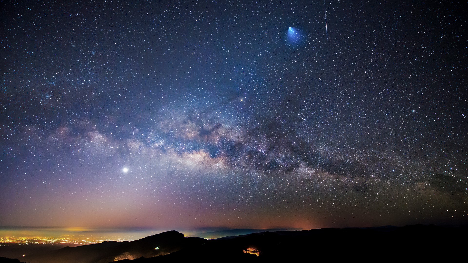 stars, mountains, night, city, shooting stars, meteors, Milky Way, Thailand, HD Wallpaper