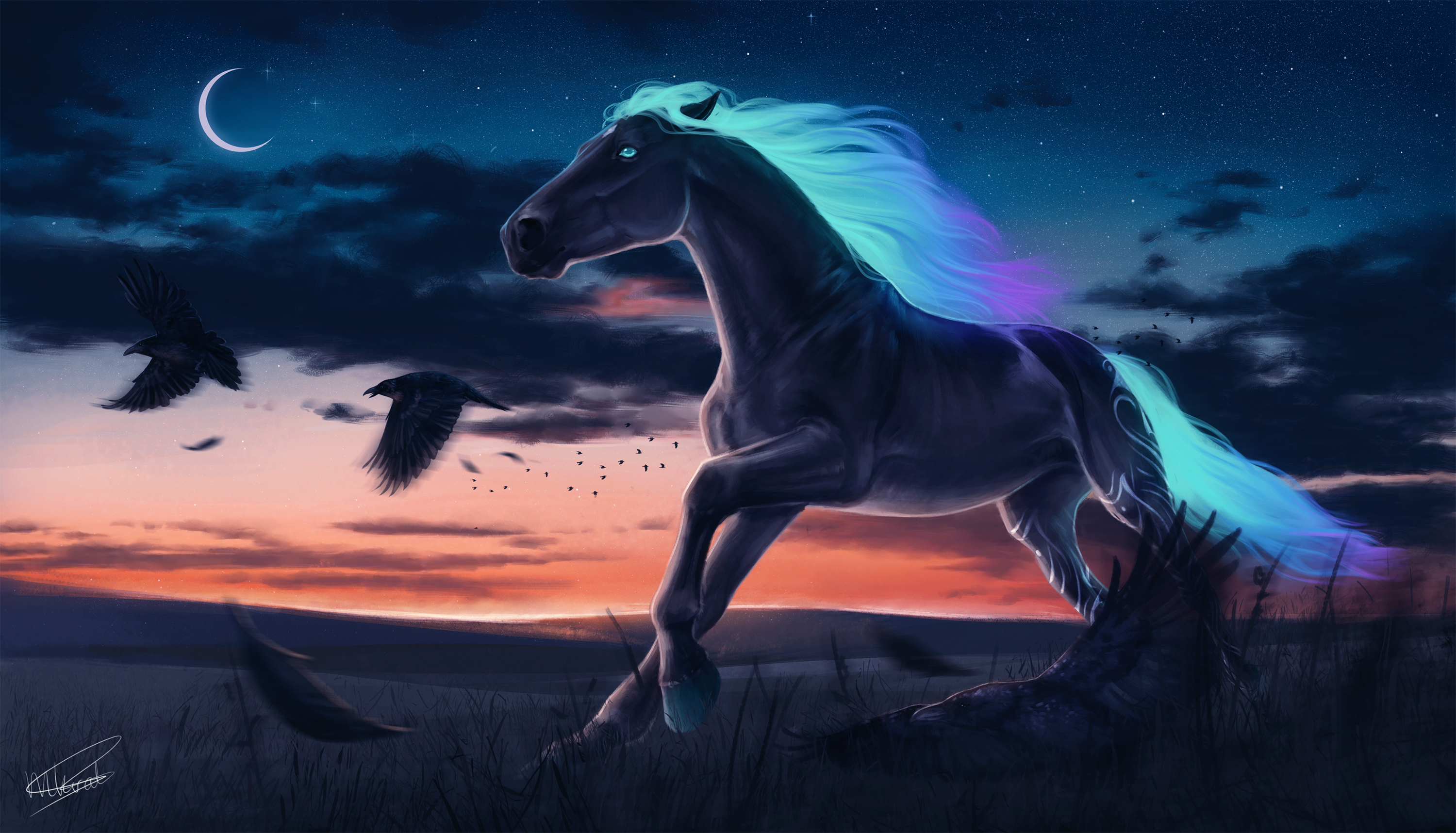 drawing, animals, horse, night, birds, Moon, sky, stars, field, blue, glowing, running, gallop, clouds, HD Wallpaper