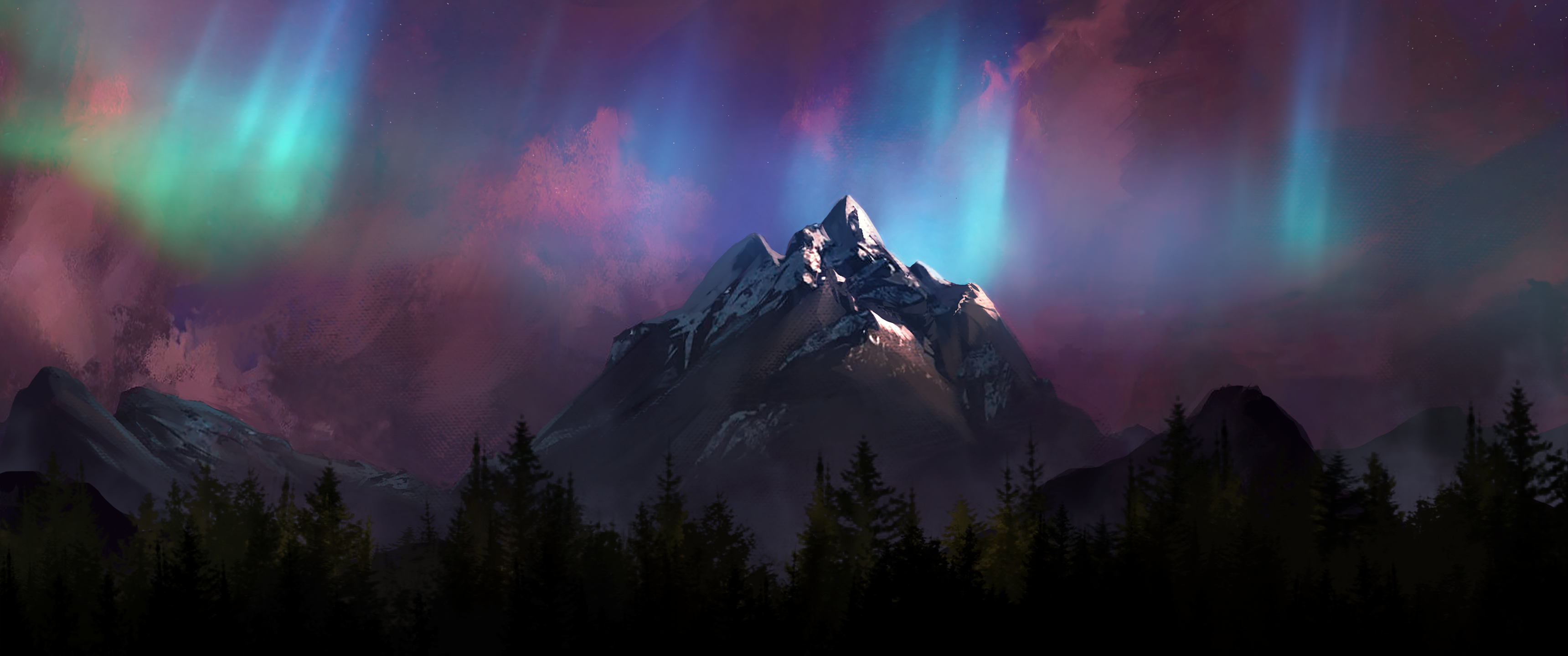 mountains, aurorae, digital painting, forest, HD Wallpaper