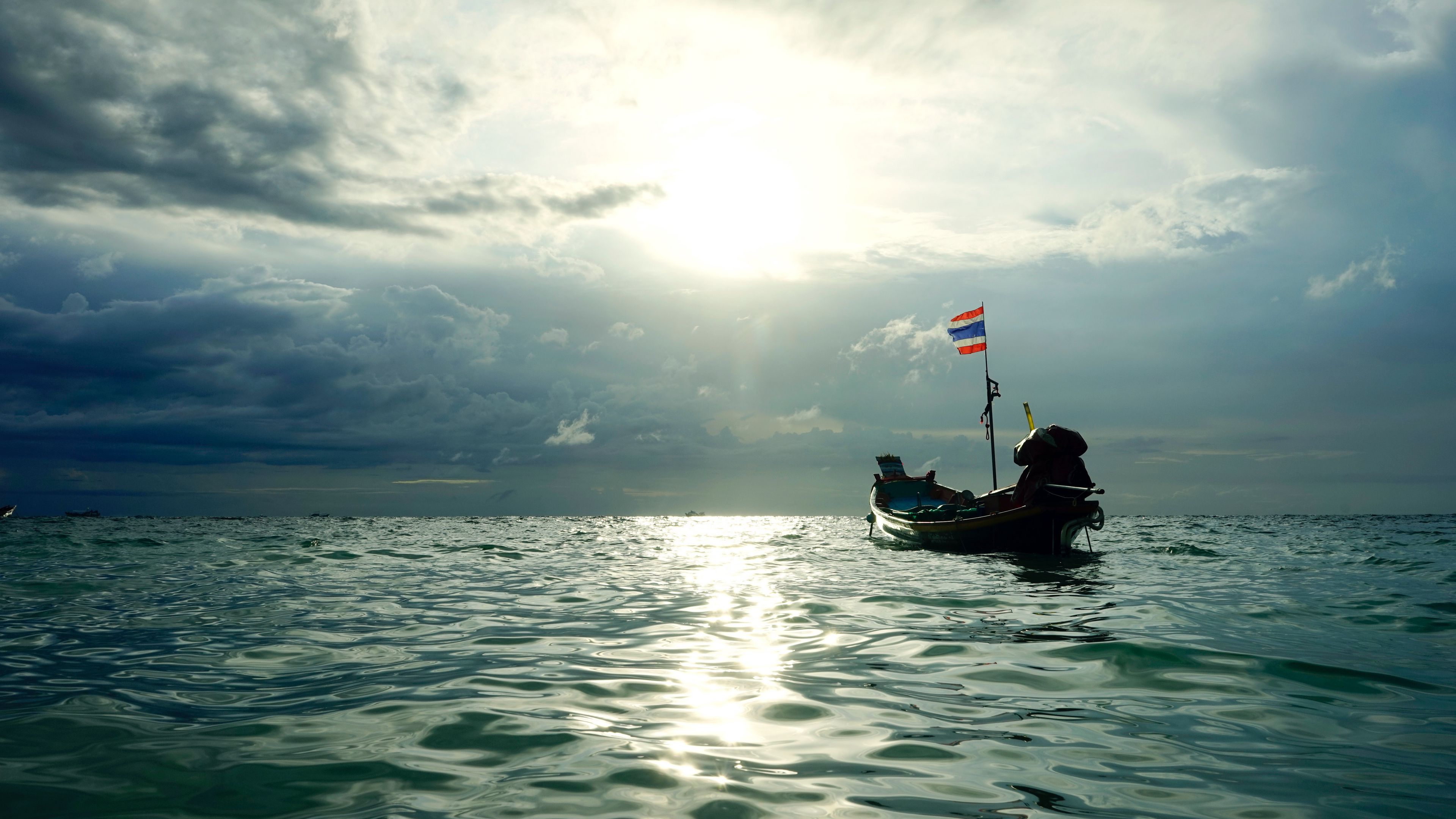 boat, sea, waves, clouds, sunset, 4k, HD Wallpaper