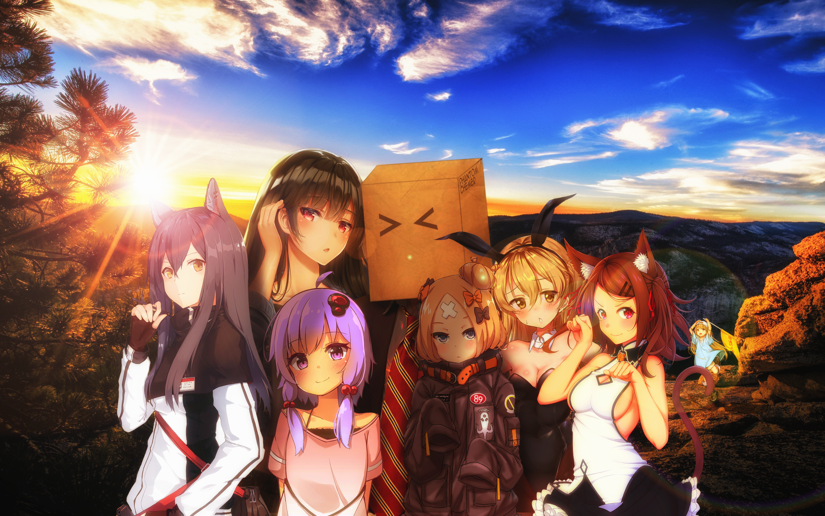 anime, anime girls, sky, sunlight, colorful, animal ears, purple hair, dark hair, HD Wallpaper