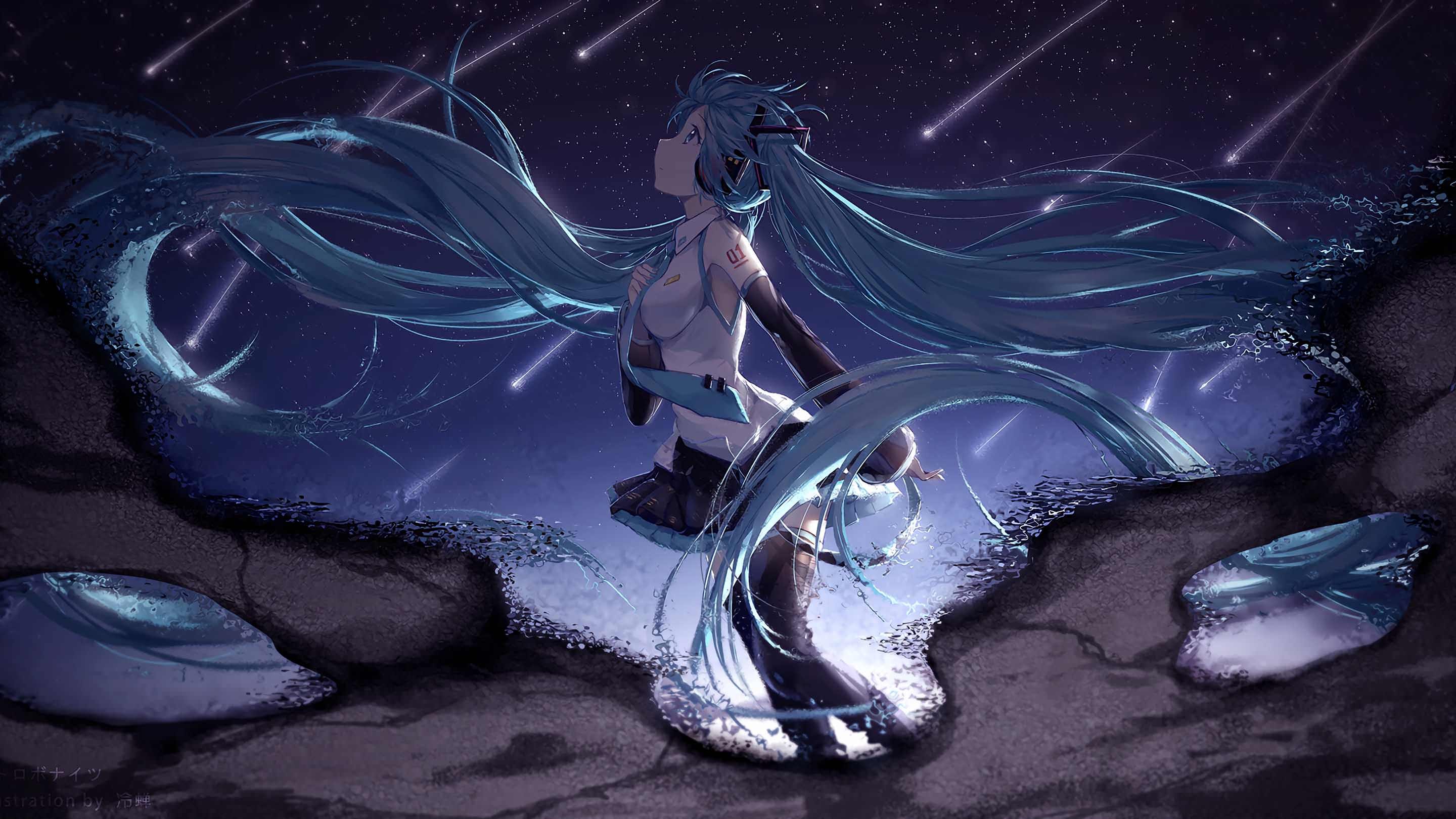 anime, anime girls, stars, Hatsune Miku, blue hair, long hair, HD Wallpaper
