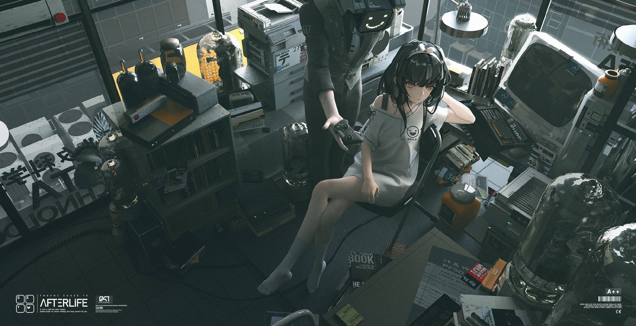 T5, anime girls, black hair, anime, dark hair, chair, sitting, legs crossed, interior, controllers, high angle, HD Wallpaper
