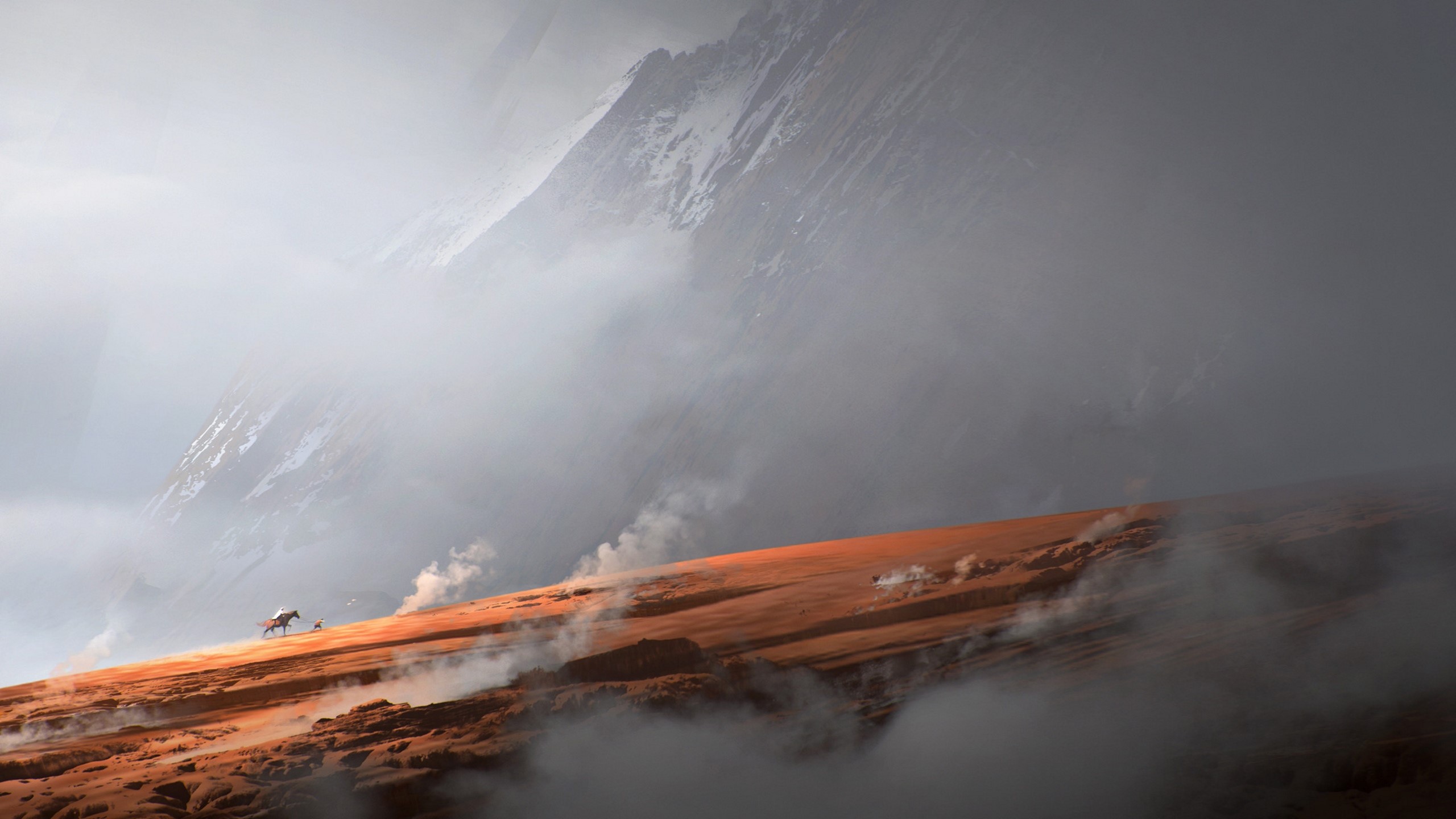 Smoky Mountains, mountains, digital, mist, horseman, Jamshed Jurabaev, digital art, HD Wallpaper