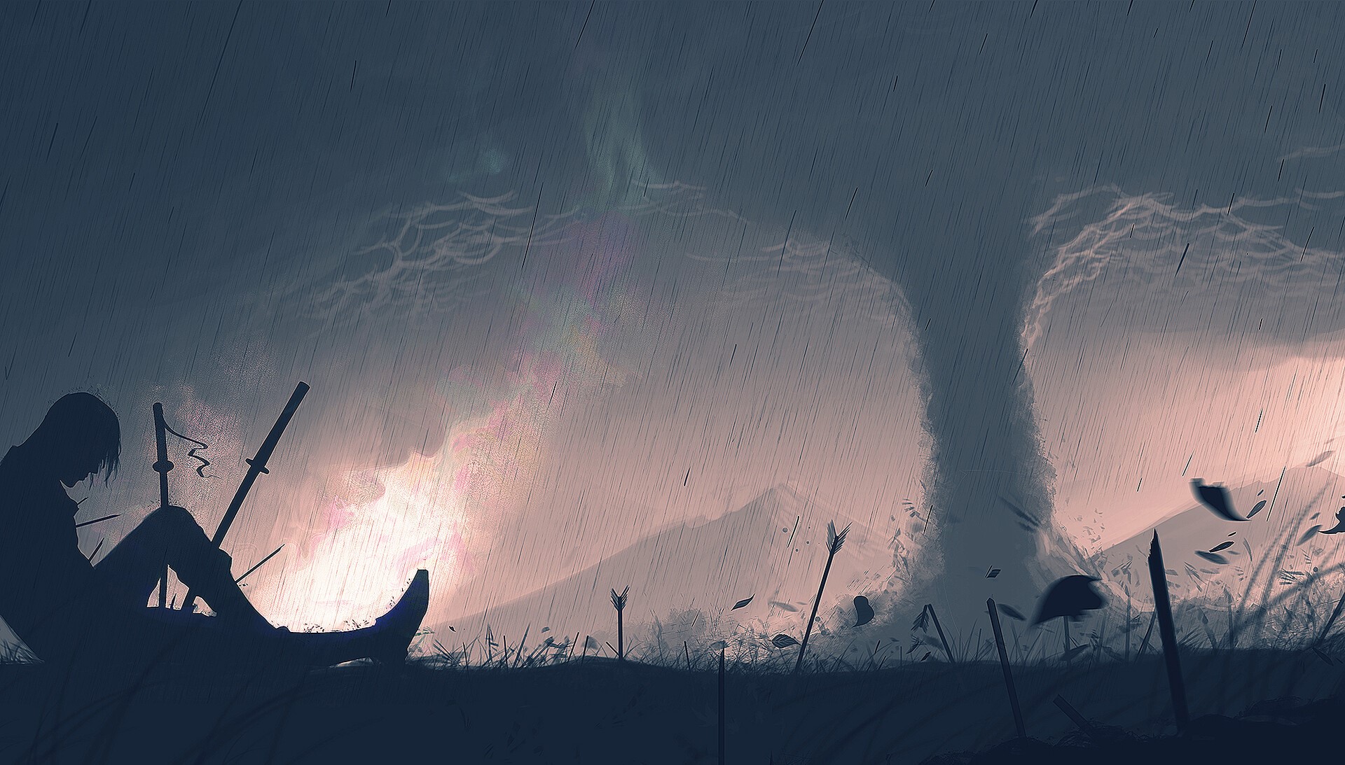sword, artwork, digital, digital art, rain, tornado, war, HD Wallpaper