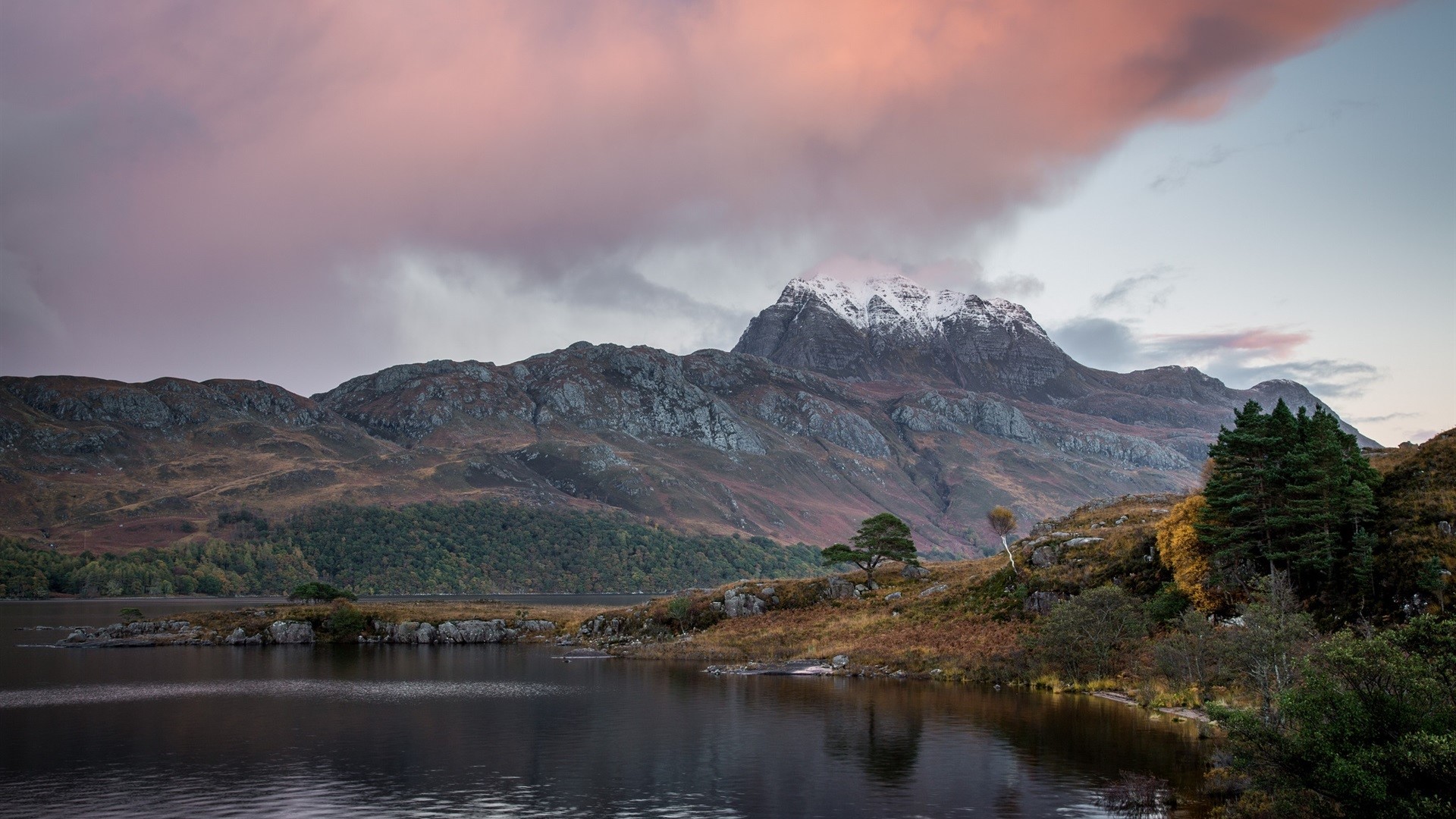mountains, lake, water, clouds, sky, trees, forest, nature, hills, landscape, rocks, HD Wallpaper