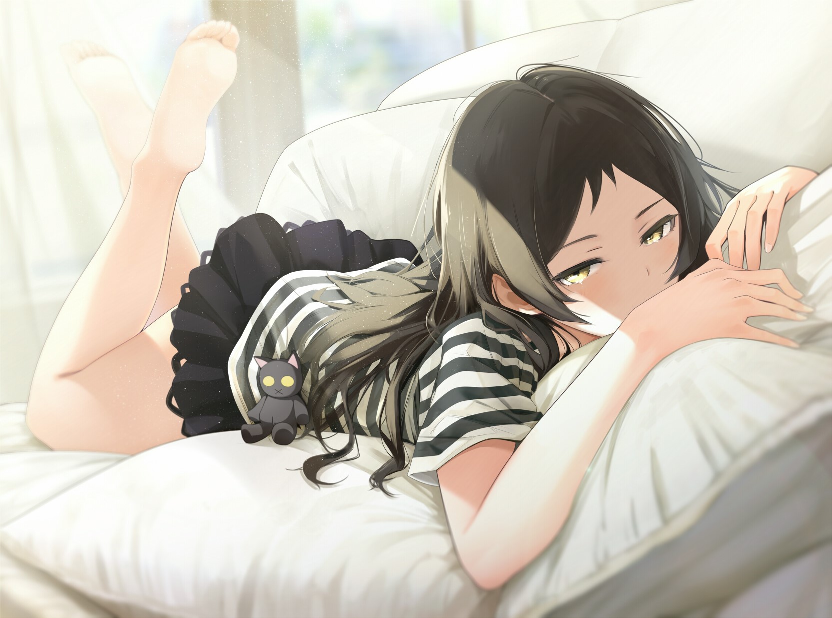 anime, yellow eyes, looking at viewer, skirt, shirt, long hair, blush, nails, anime girls, barefoot, dark hair, legs, HD Wallpaper