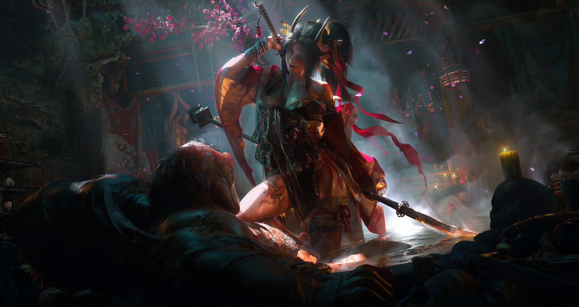ArtStation, Asian, dark, fantasy art, artwork, fantasy girl, MI QI, samurai, HD Wallpaper