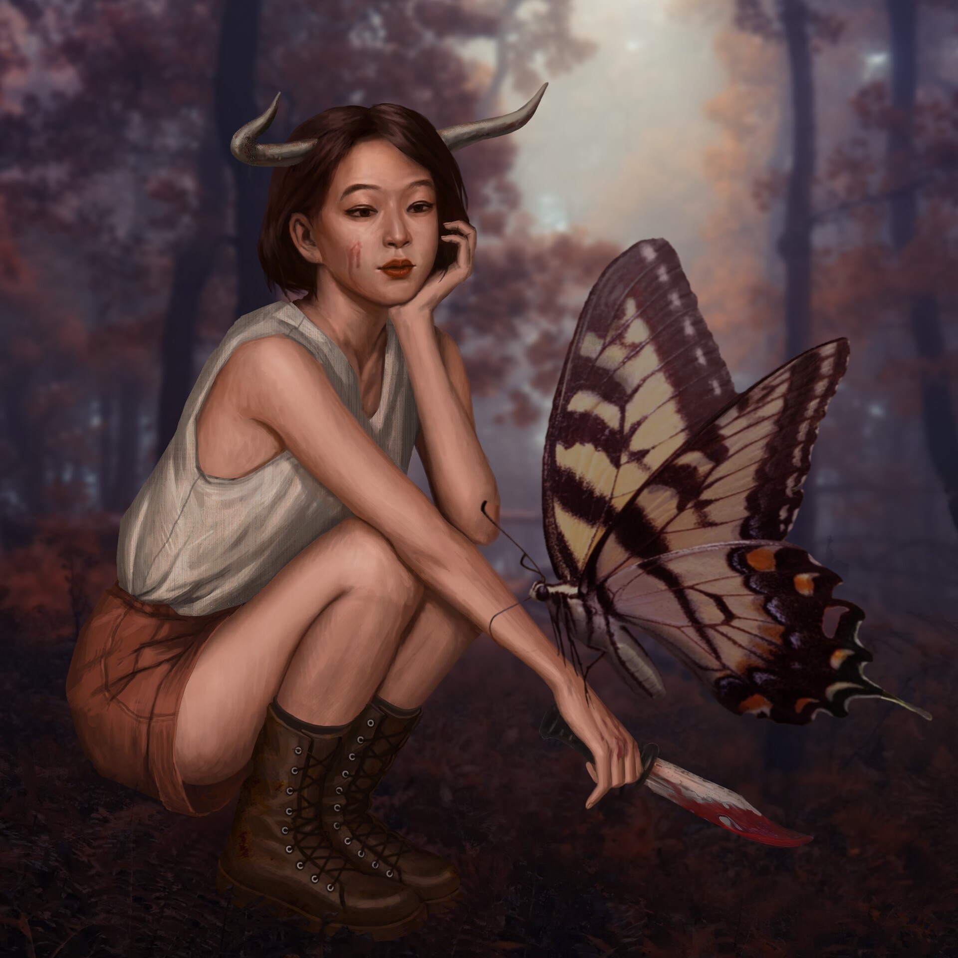 Nurguiana Popova, Asian, fantasy girl, ArtStation, butterfly, HD Wallpaper