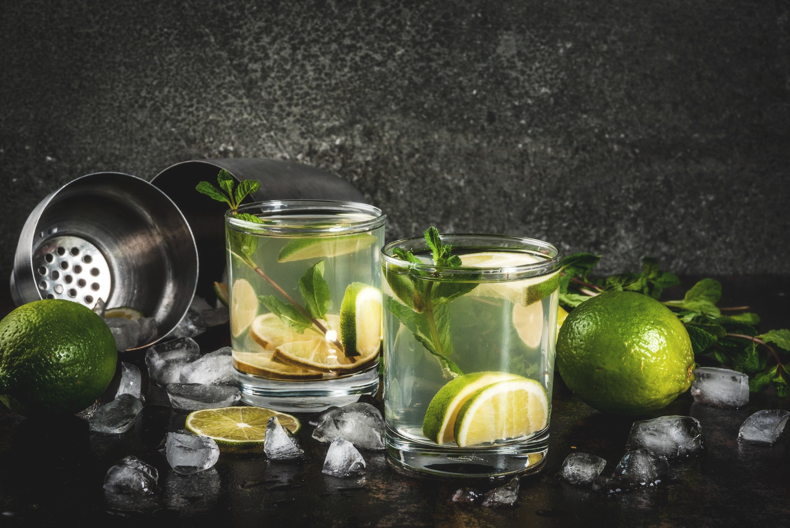 food, fruit, glass, lemons, lime, limes, HD Wallpaper
