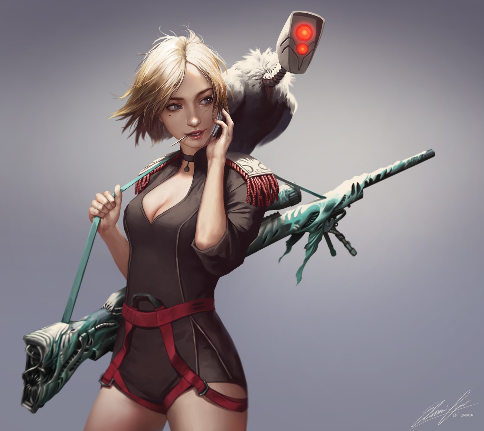 Unodu, drawing, blonde, women, short hair, wind, looking away, science fiction, cyborg, sniper rifle, scopes, bodysuit, belt, simple background, HD Wallpaper
