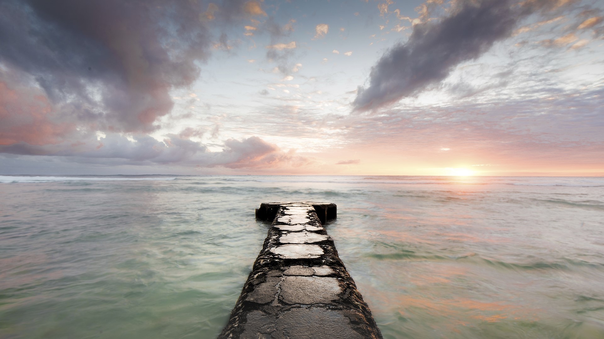 clouds, sky, pier, sea, rocks, waves, horizon, Hawaii, nature, landscape, calm, sunset, HD Wallpaper